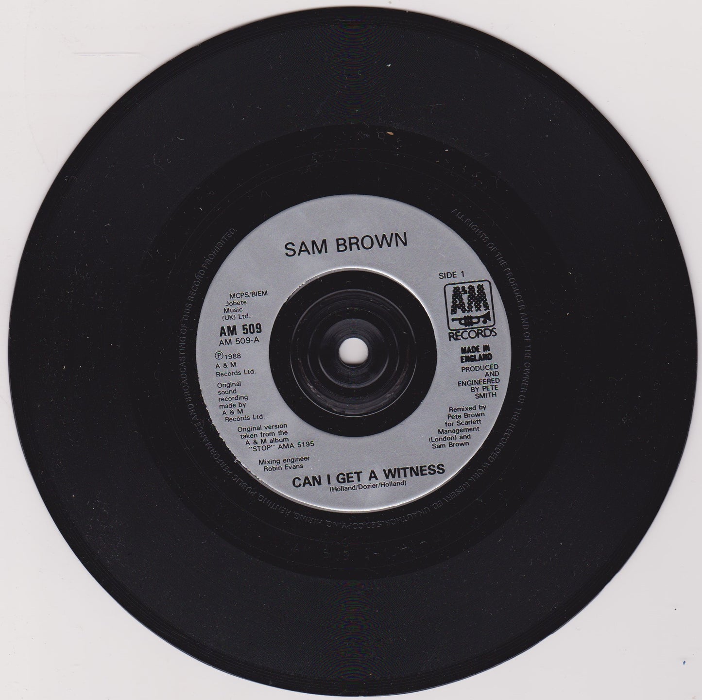 Sam Brown – Can I Get A Witness (A&M 1989) 7" vinyl P/S single VG/VG