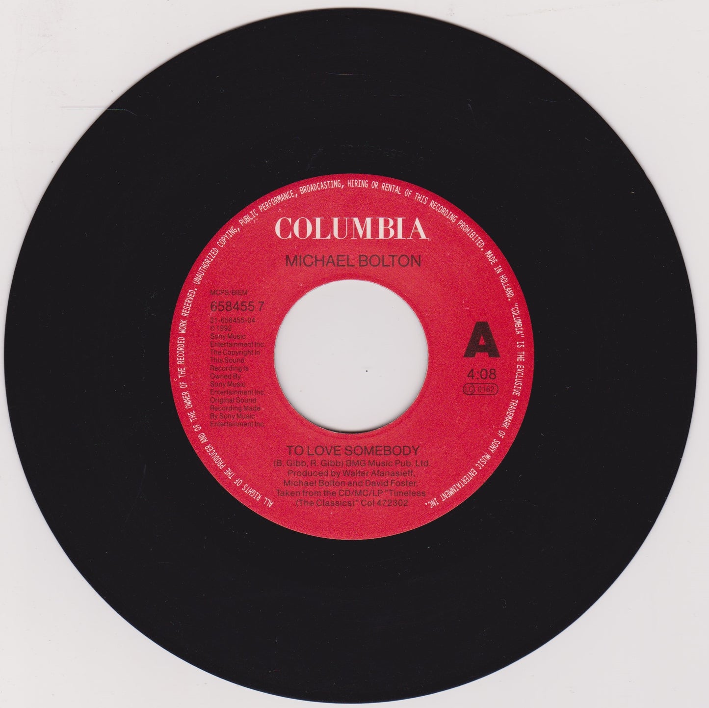 Michael Bolton - To Love Somebody (Columbia, 1992) 7" vinyl single VG/- jukebox