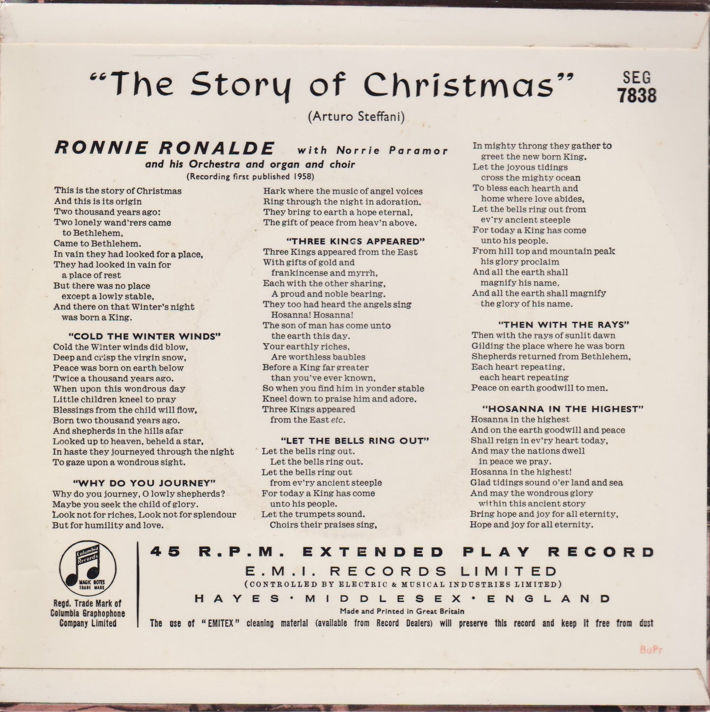 Ronnie Ronalde - The Story Of Christmas (Columbia  1958) 7" vinyl EP VG/VG