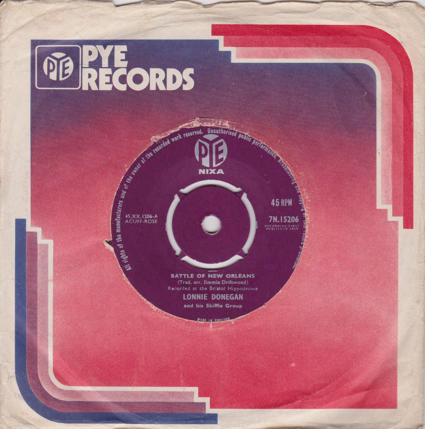 Lonnie Donegan And His Skiffle Group ‎– Battle Of New Orleans 7" vinyl single VG/G