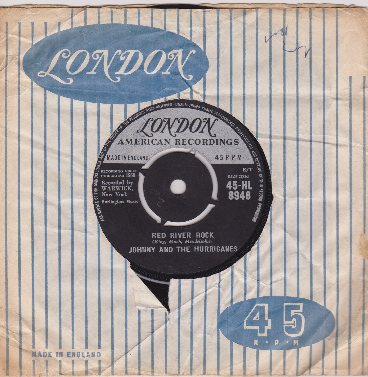 Johnny And The Hurricanes ‎– Red River Rock (London 1959) 7" vinyl single VG/G