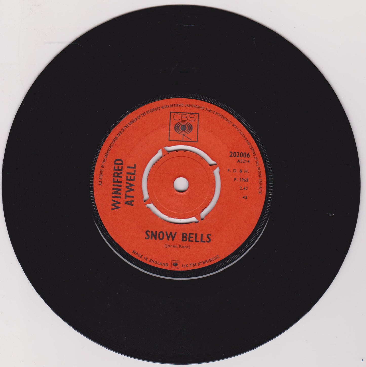 Winifred Atwell ‎– Snow Bells (CBS 1965) 7" vinyl single VG/-