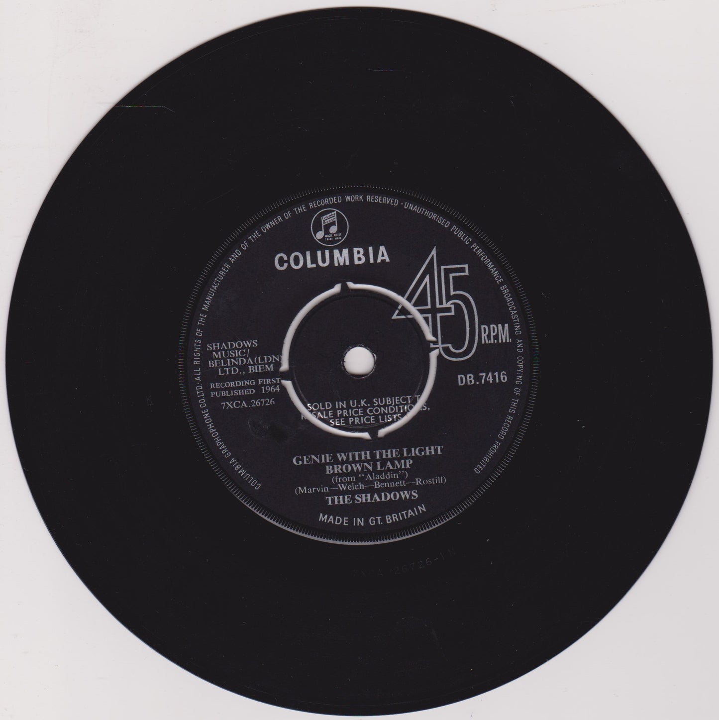 The Shadows – Genie With The Light Brown Lamp 7" vinyl single VG/-