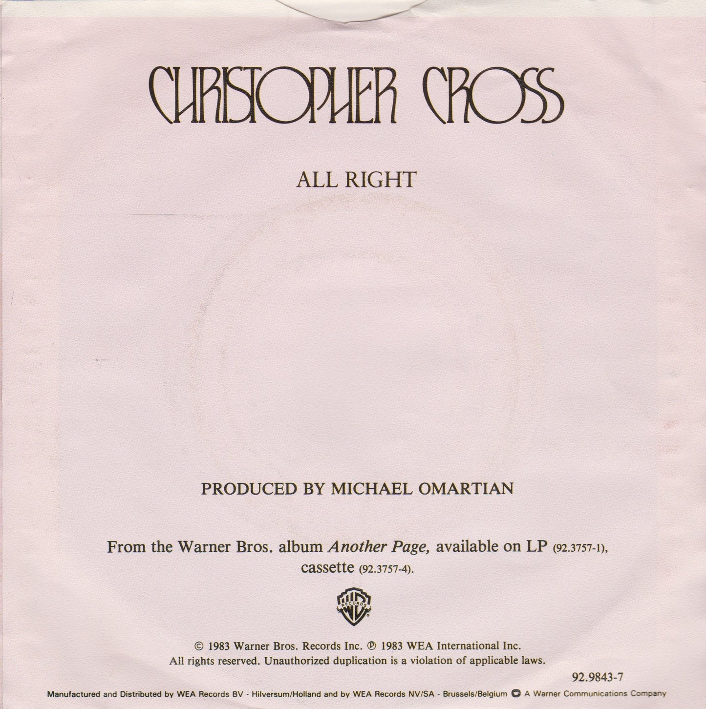 Christopher Cross ‎– All Right (WB 1983) 7" vinyl P/S single VG/VG Dutch import