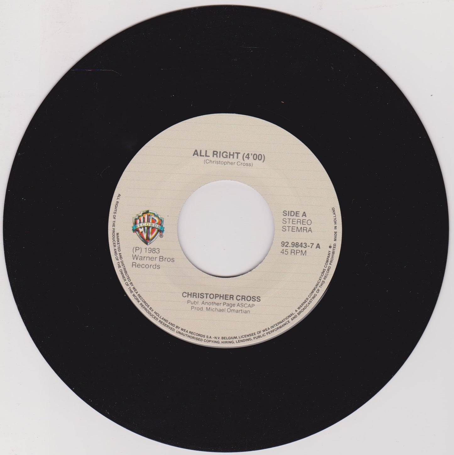 Christopher Cross ‎– All Right (WB 1983) 7" vinyl P/S single VG/VG Dutch import