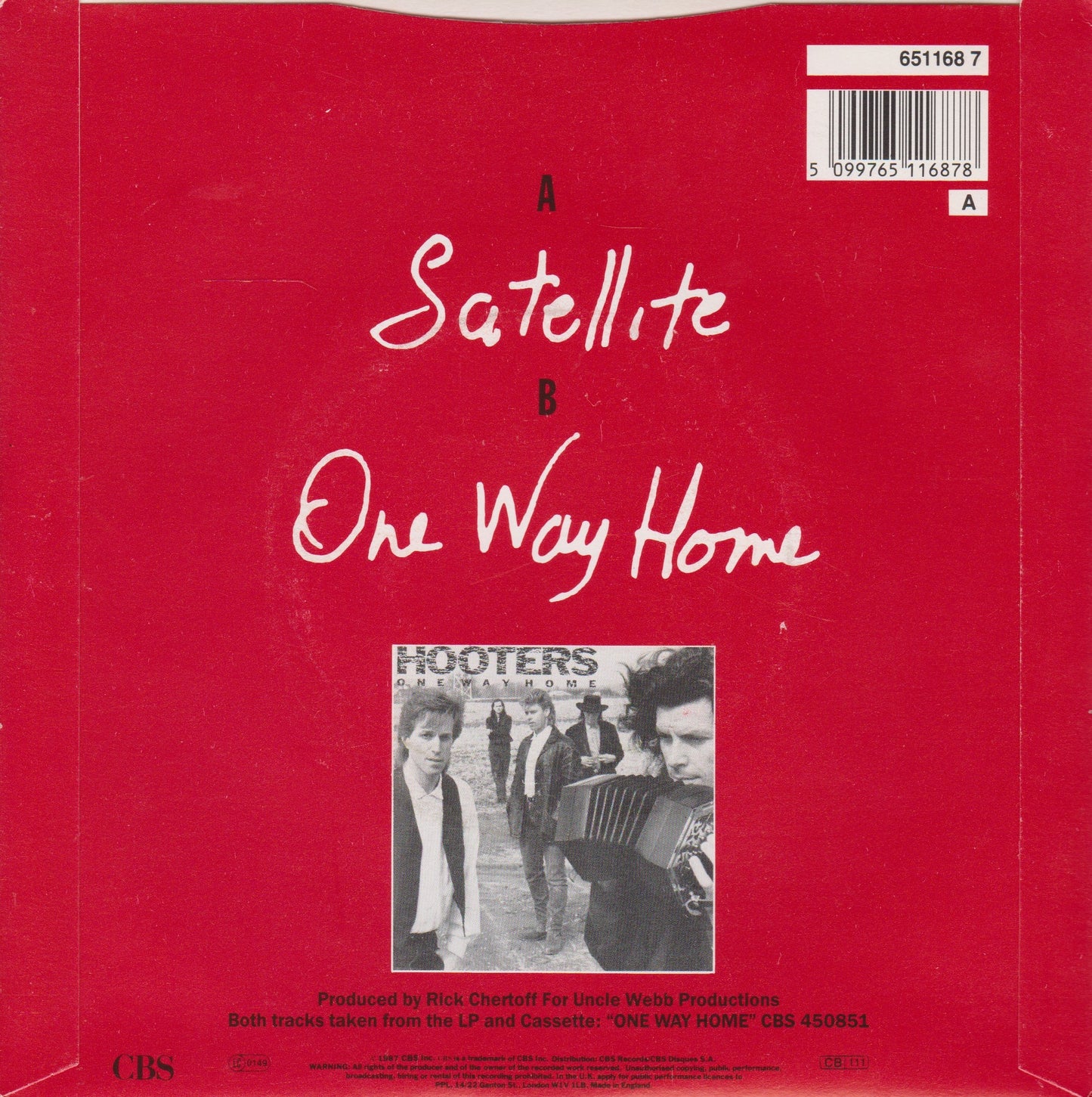 Hooters – Satellite (CBS 1987) 7" vinyl single P/S VG/VG