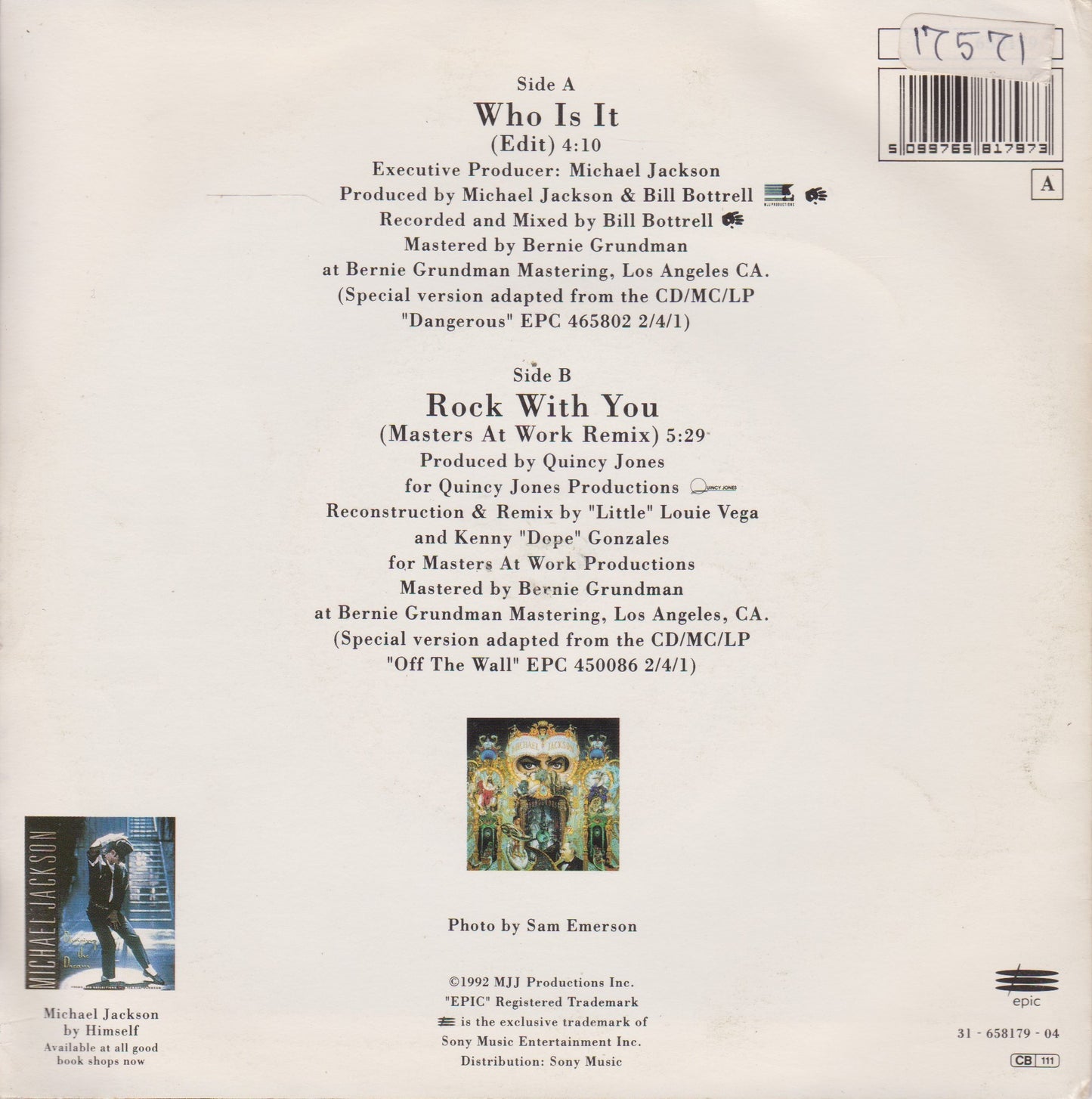 Michael Jackson – Who Is It (Epic 1992) 7" vinyl P/S single VG/VG