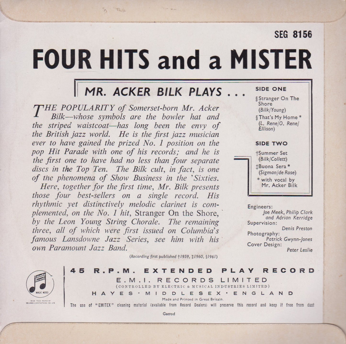 Acker Bilk – Four Hits And A Mister (Columbia 1962) 7" vinyl P/S EP VG/VG