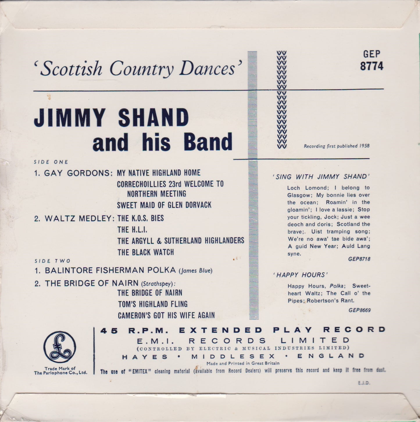 Jimmy Shand And His Band ‎– Scottish Country Dances 7" vinyl P/S EP VG/VG