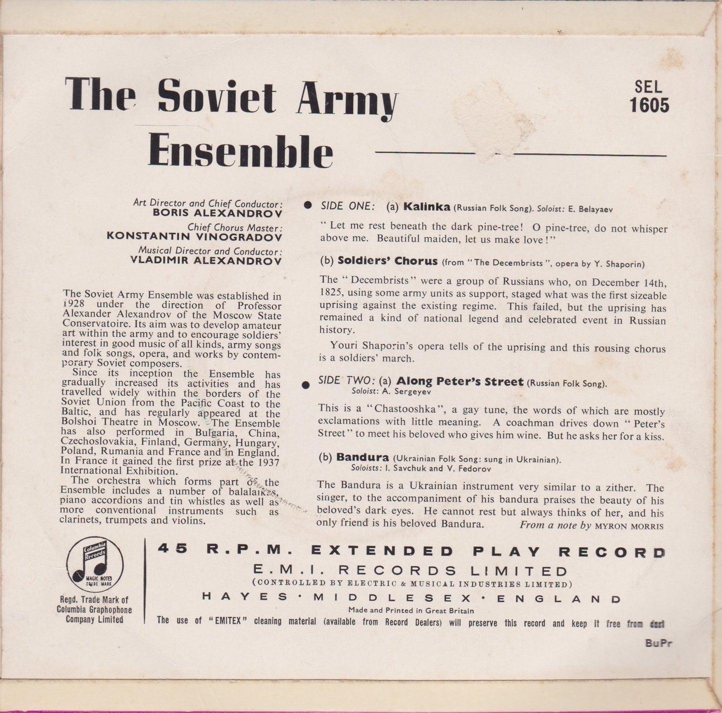 The Soviet Army Ensemble - Kalinka (Columbia 1960) 7" vinyl P/S EP VG/VG