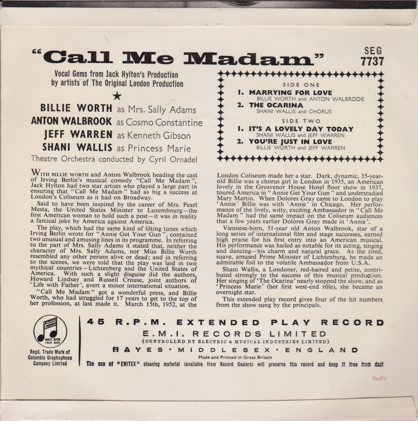 Billie Worth, Anton Walbrook, Jeff Warren, Shani Wallis ‎– Vocal Gems From "Call Me Madam"