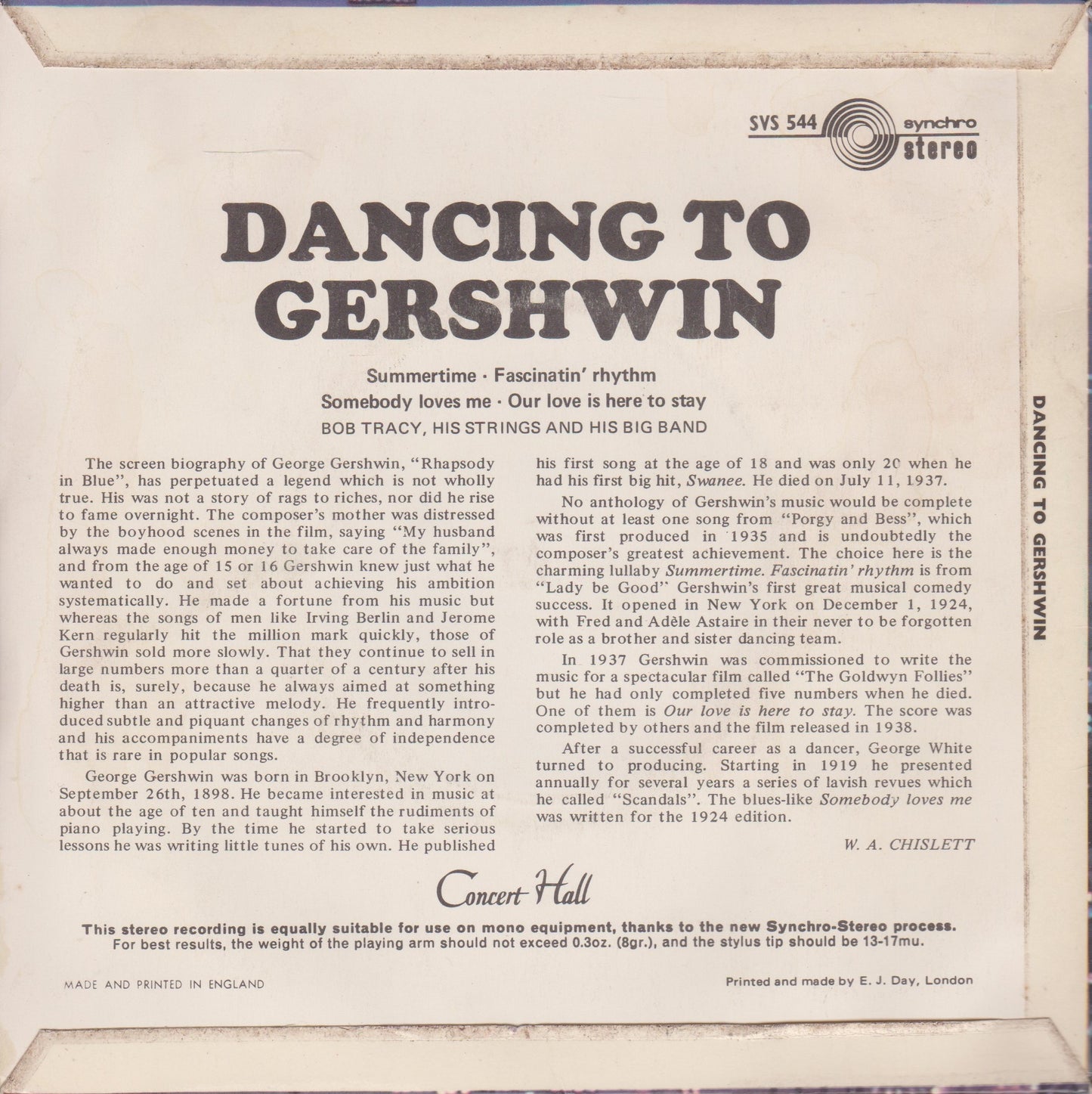 Bob Tracy, His Strings And His Big Band ‎– Dancing To Gershwin 7" vinyl P/S EP VG/VG