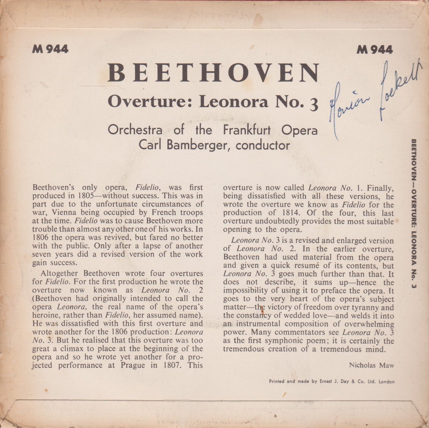 Beethoven, Carl Bamberger – Leonora Overture Nº 3 7" vinyl P/S EP VG/VG