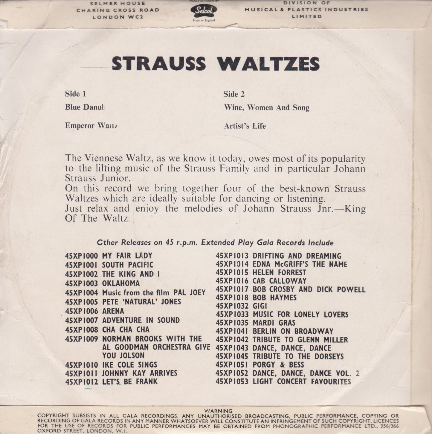 Johann Strauss Jnr. – Strauss Waltzes (Gala 1959) 7" vinyl P/S EP VG/VG