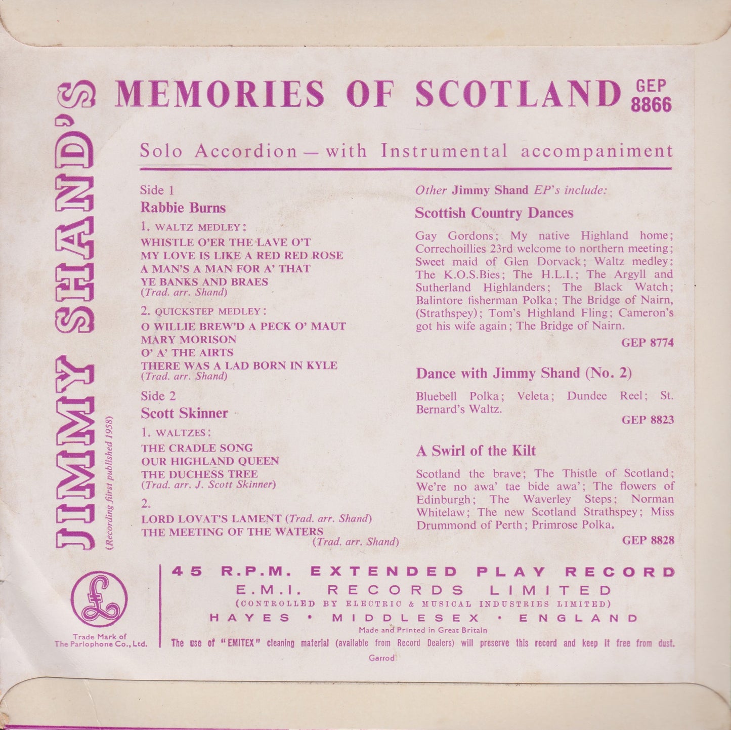 Jimmy Shand And His Band ‎– Jimmy Shand's Memories Of Scotland 7" vinyl EP VG/VG