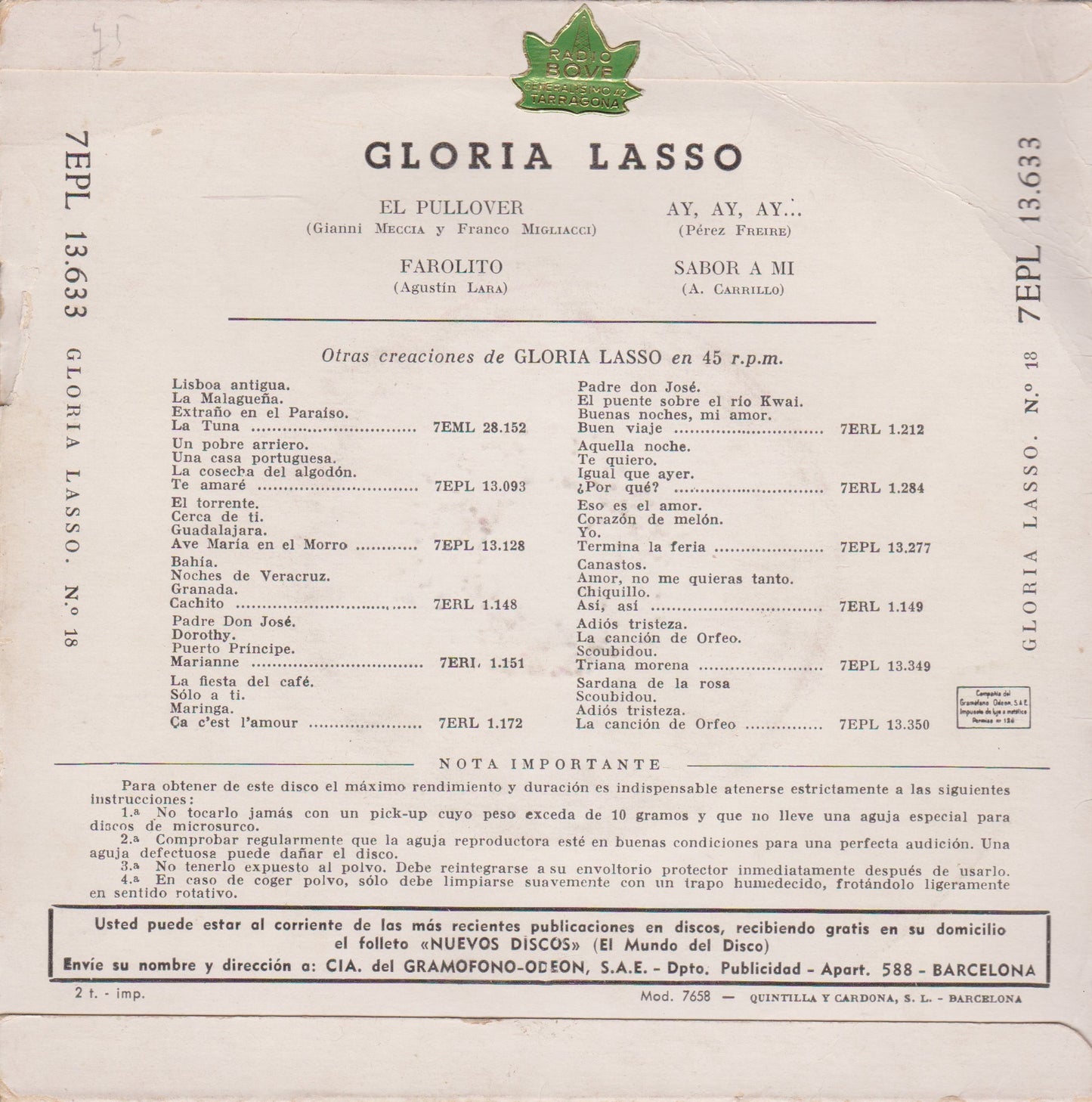 Gloria Lasso – El Pullover (La Voz De Su Amo 1961) 7" vinyl P/S EP VG/VG jukebox