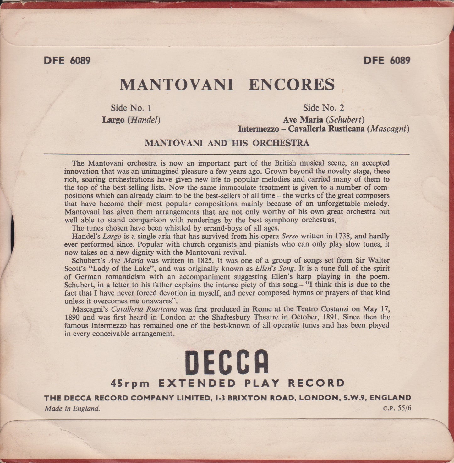 Mantovani And His Orchestra ‎– Mantovani Encores (Decca) 7" vinyl EP VG/VG