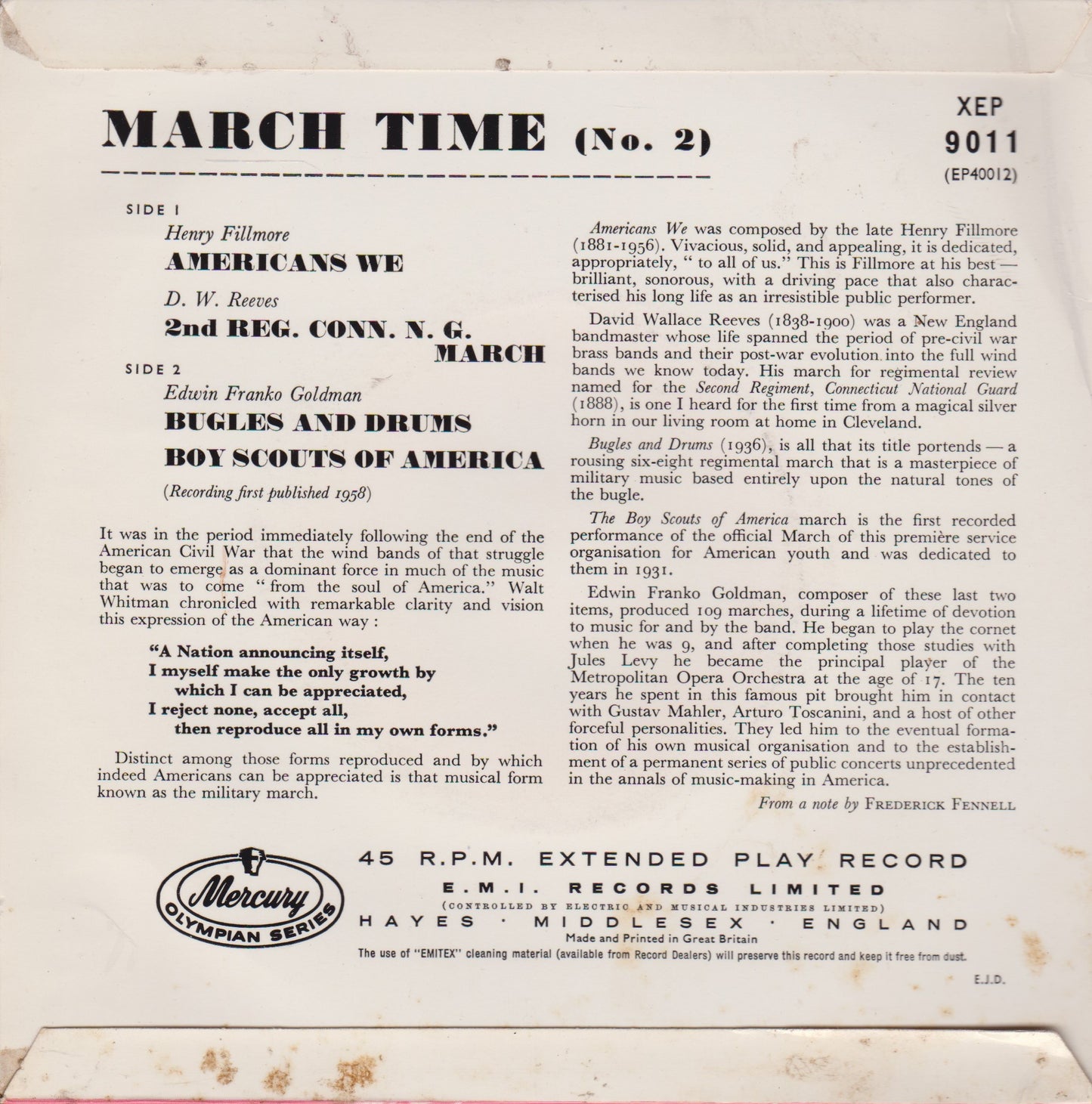 Frederick Fennell And Eastman Wind Ensemble ‎– March Time No.2 7" vinyl EP G+/VG