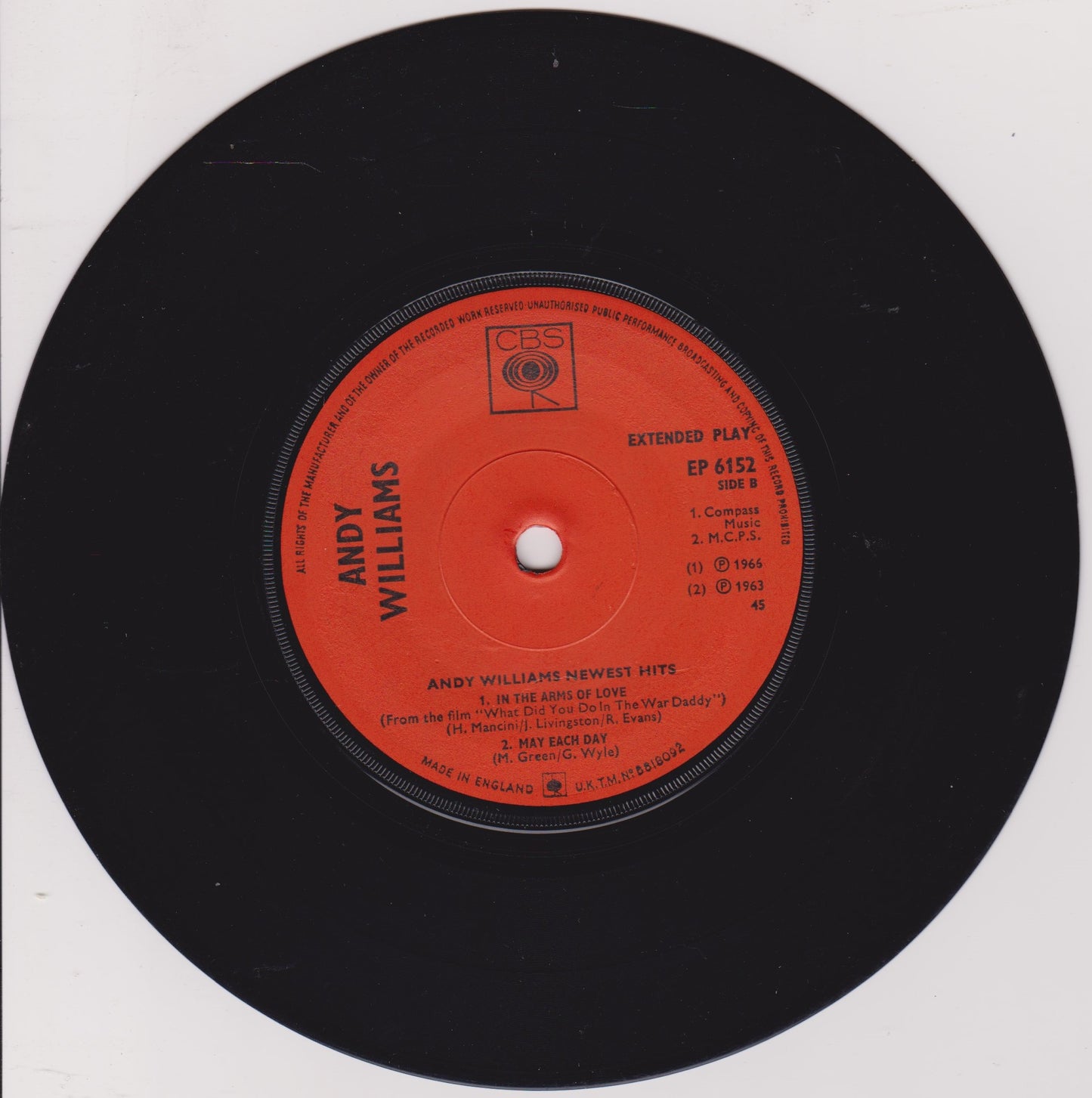 Andy Williams – Andy's Newest Hits (CBS 1966) 7" vinyl P/S EP VG/VG
