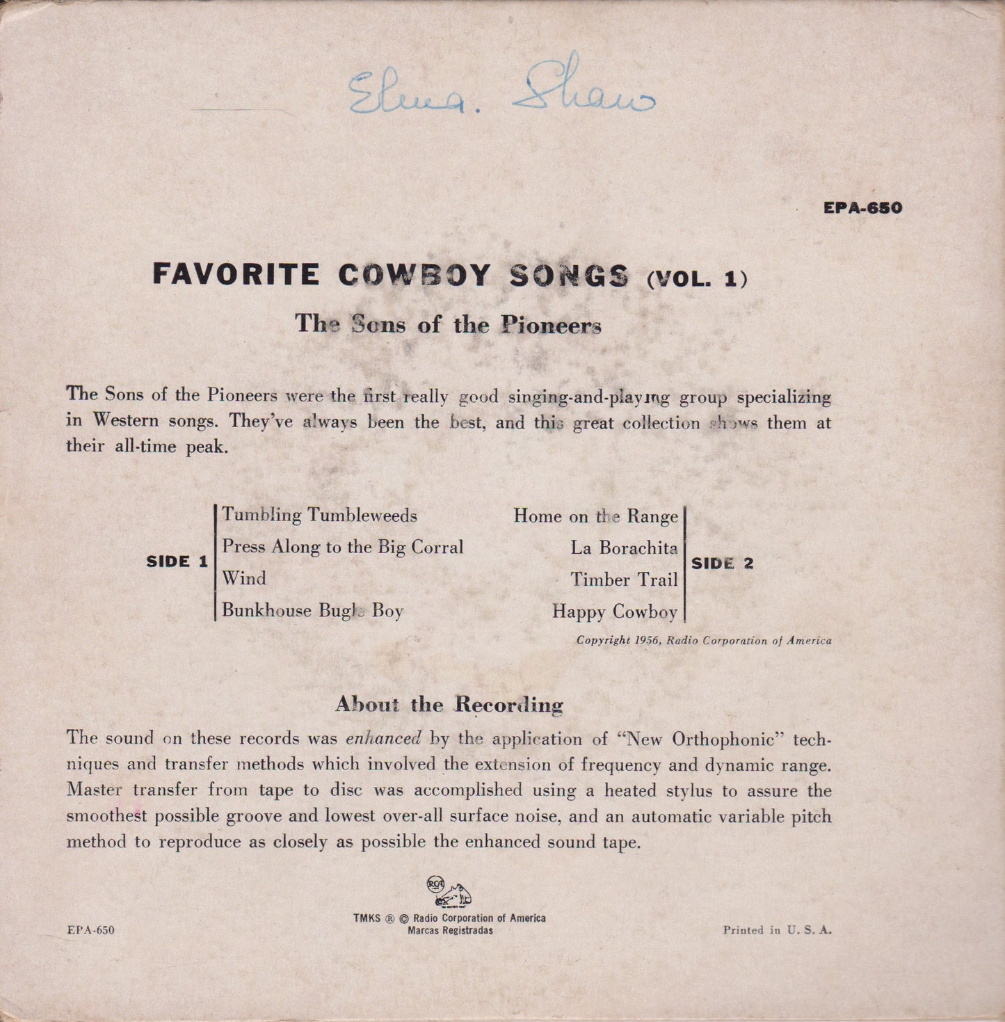 The Sons Of The Pioneers ‎– Favorite Cowboy Songs Vol. 1 7" vinyl US P/S EP VG/VG jukebox