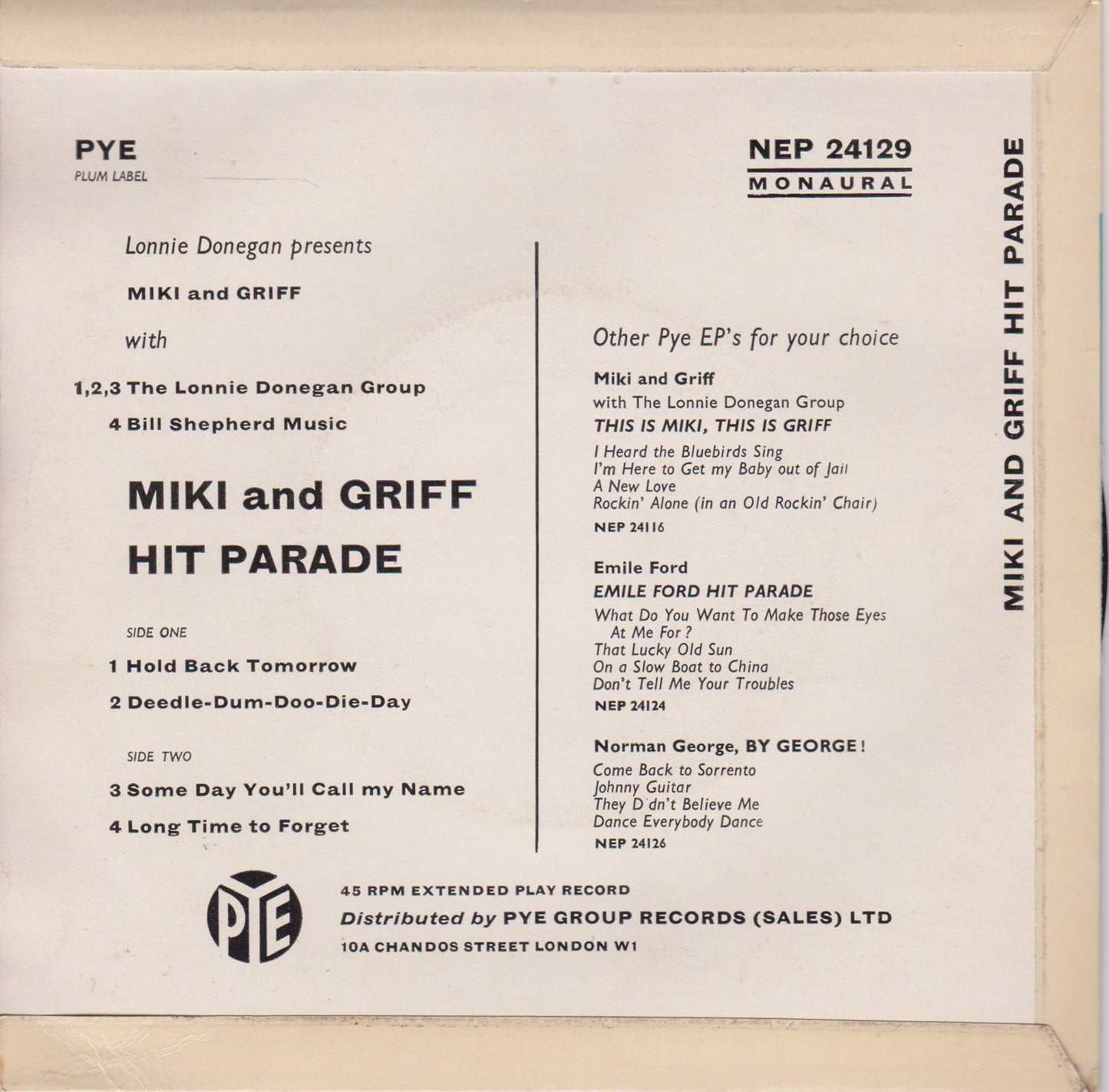 Miki And Griff With The Lonnie Donegan Group – Hit Parade 7" vinyl P/S EP VG/VG