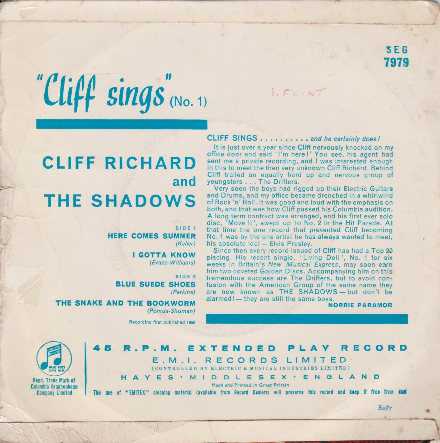 Cliff Richard & The Shadows - Cliff Sings No.1 (1959) 7" vinyl P/S EP VG/G+