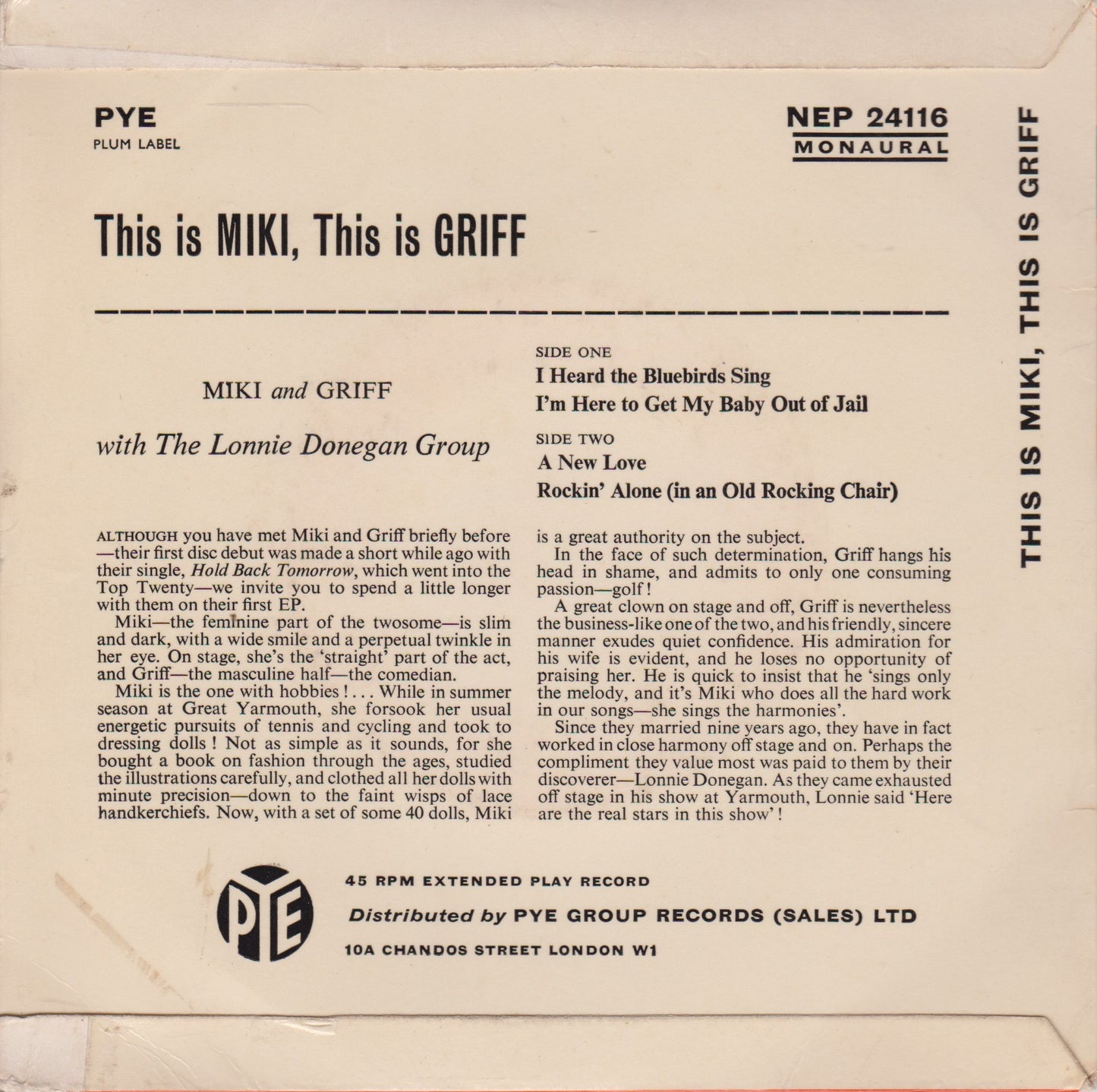 Lonnie Donegan presents Miki & Griff ‎– This Is Miki, This Is Griff 7" vinyl P/S EP G+/VG