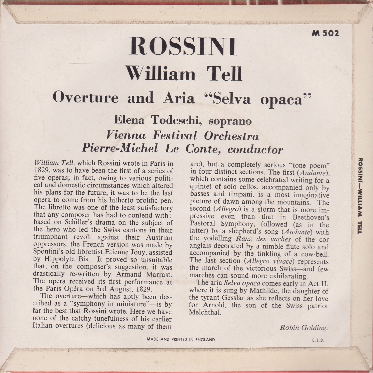 Rossini - William Tell: Overture And Aria "Selva Opaca" 7" vinyl P/S EP VG/VG