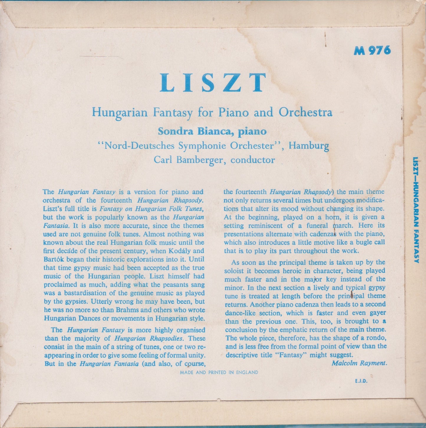 Liszt / Bamberger ‎– Hungarian Fantasy (Concert Hall 1964) 7" vinyl P/S EP G+/G+