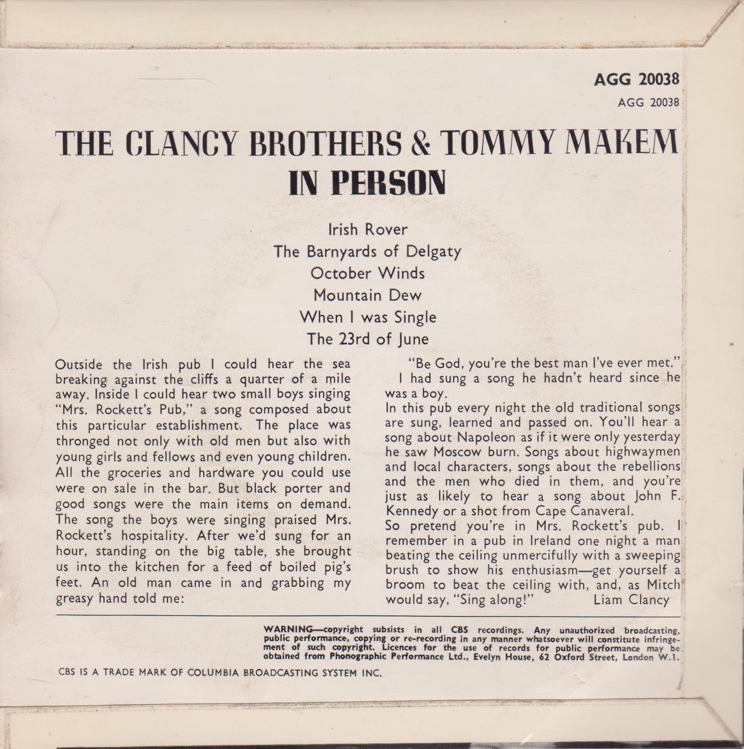 The Clancy Brothers & Tommy Makem ‎– In Person 7" vinyl P/S EP VG/VG