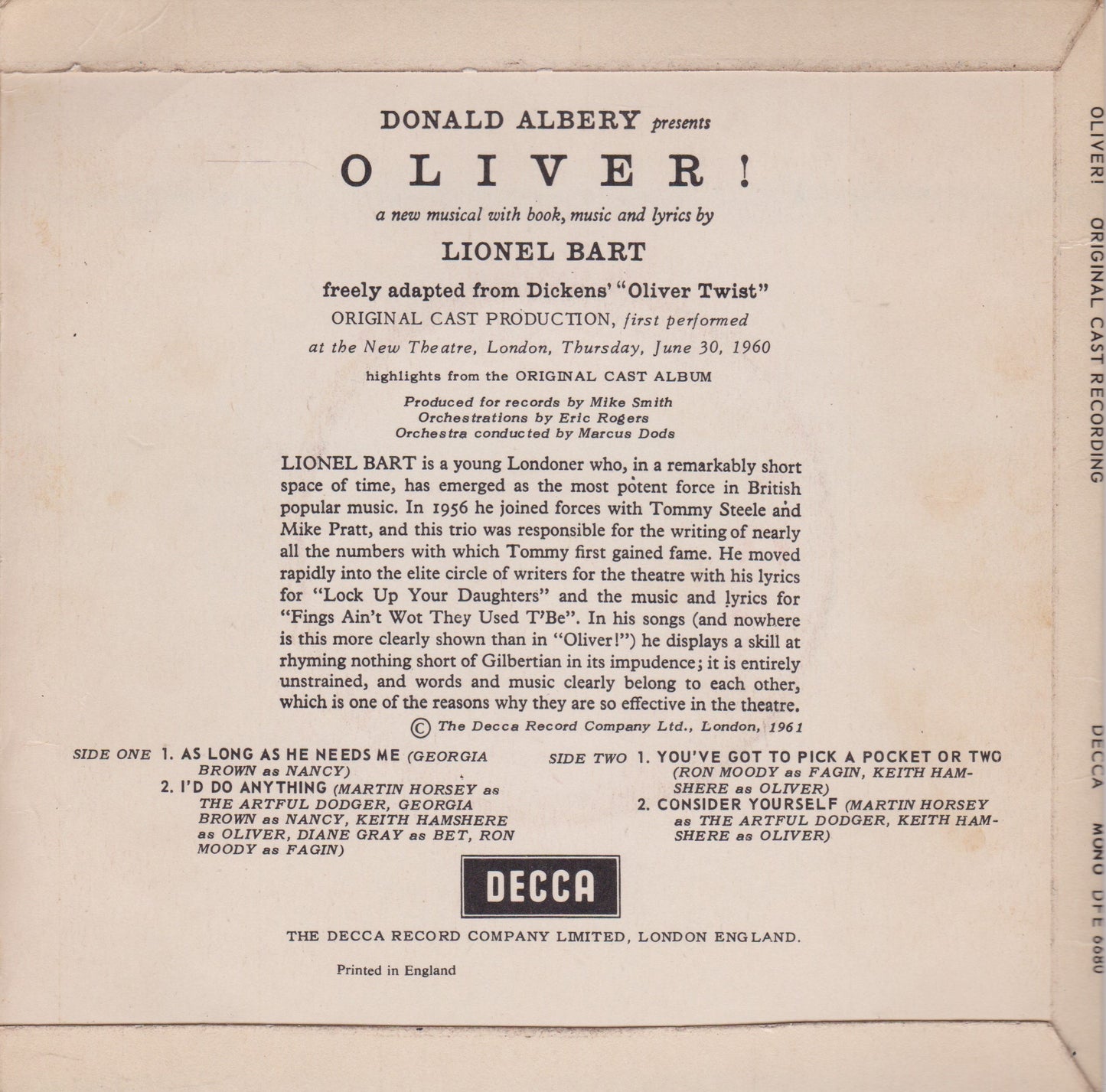 Lionel Bart ‎– Oliver! (Decca 1961) 7" vinyl P/S EP VG/VG