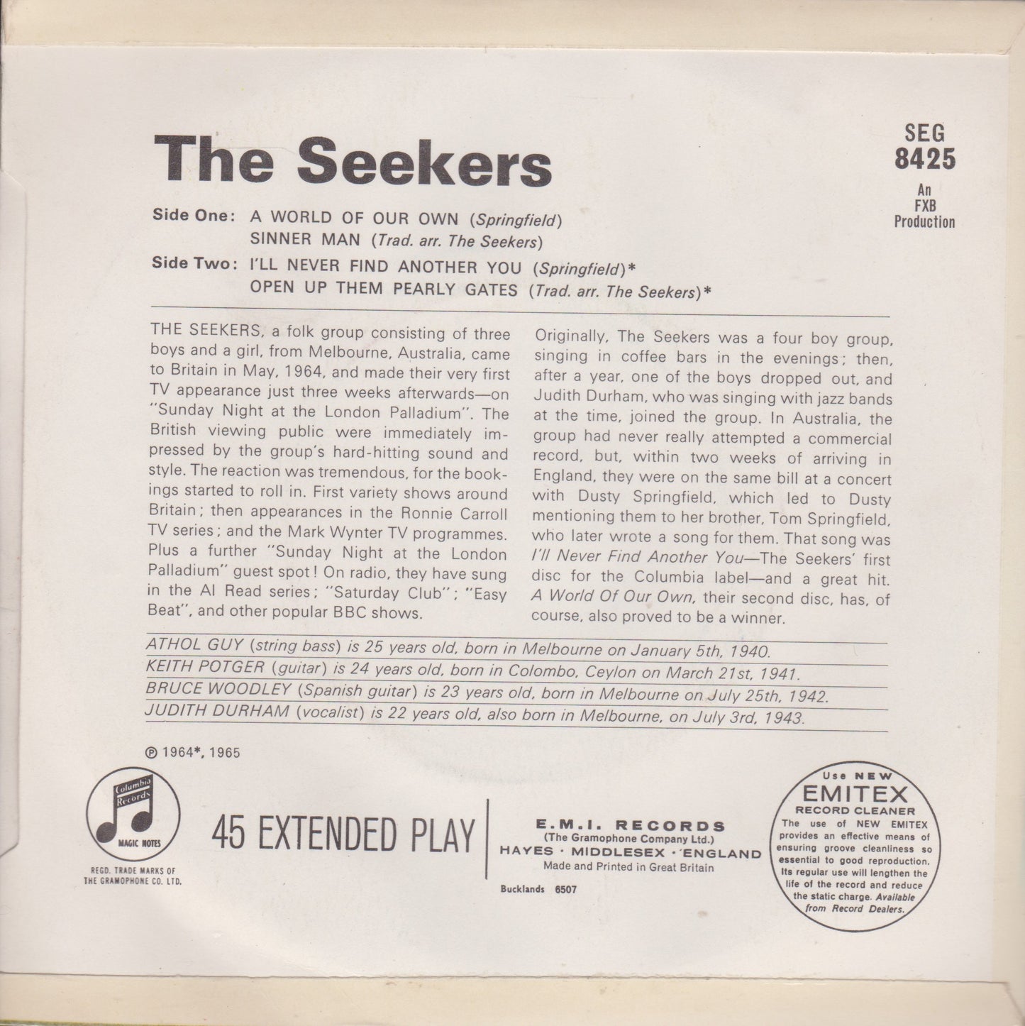 The Seekers – The Seekers (Columbia 1965) 7" vinyl P/S EP VG/VG