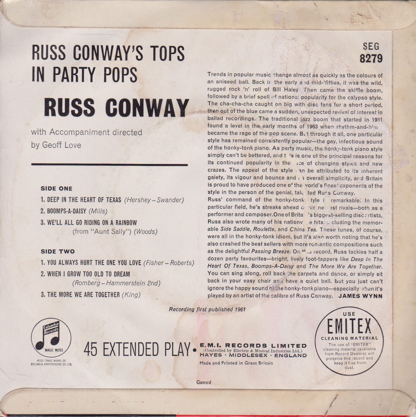 Russ Conway – Tops In Party Pops (Columbia 1961) 7" vinyl P/S EP VG/VG