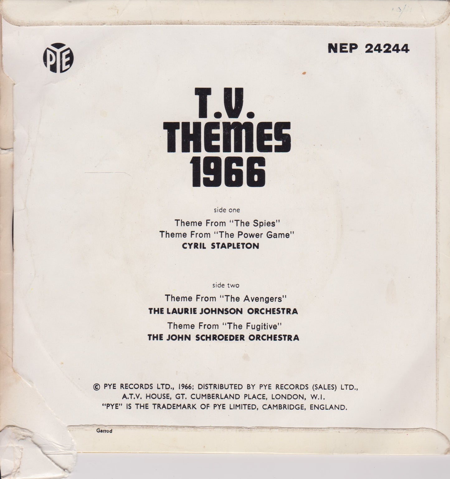 Various – T.V. Themes 1966 (Pye 1966) 7" vinyl P/S EP G+/G+