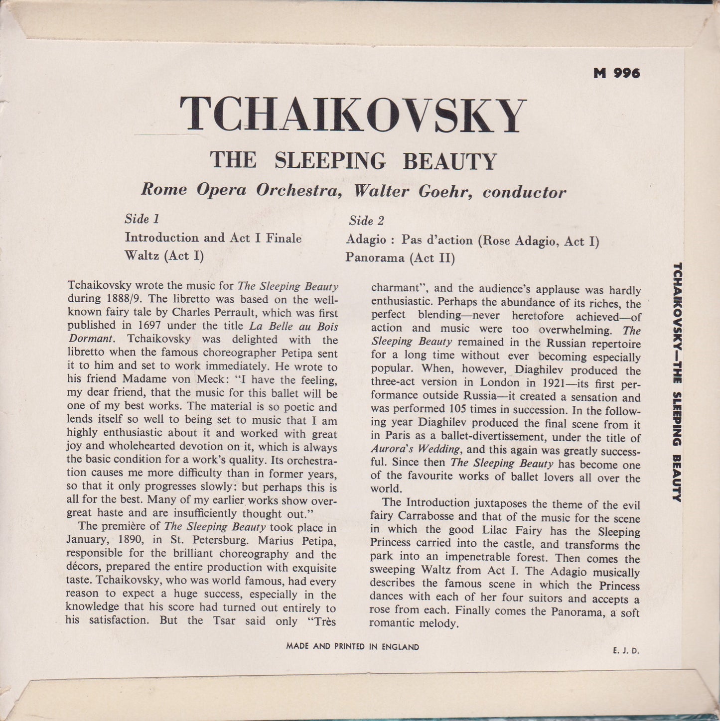 Tchaikovsky, Rome Opera Orchestra – The Sleeping Beauty 7" vinyl P/S EP VG/VG