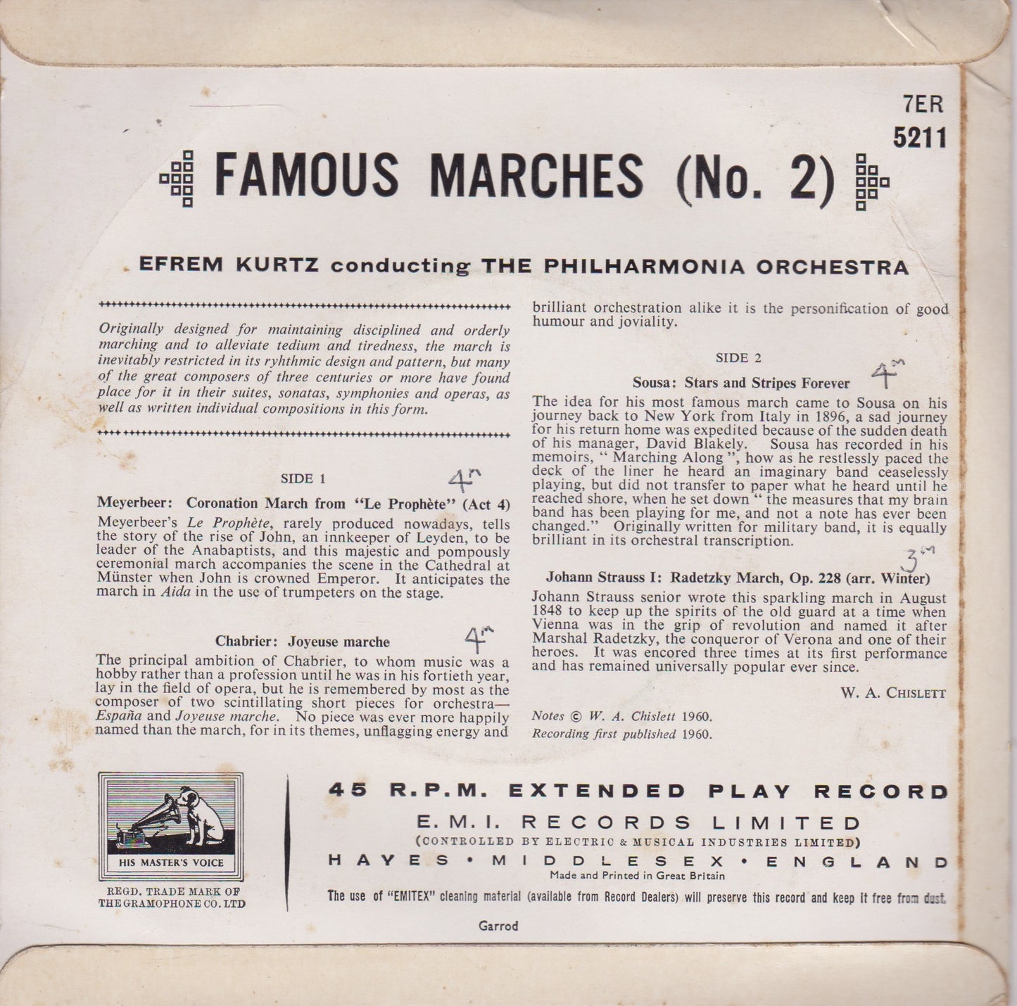 Efrem Kurtz / The Philharmonia Orchestra – Famous Marches (No. 2) 7" vinyl P/S EP VG/VG