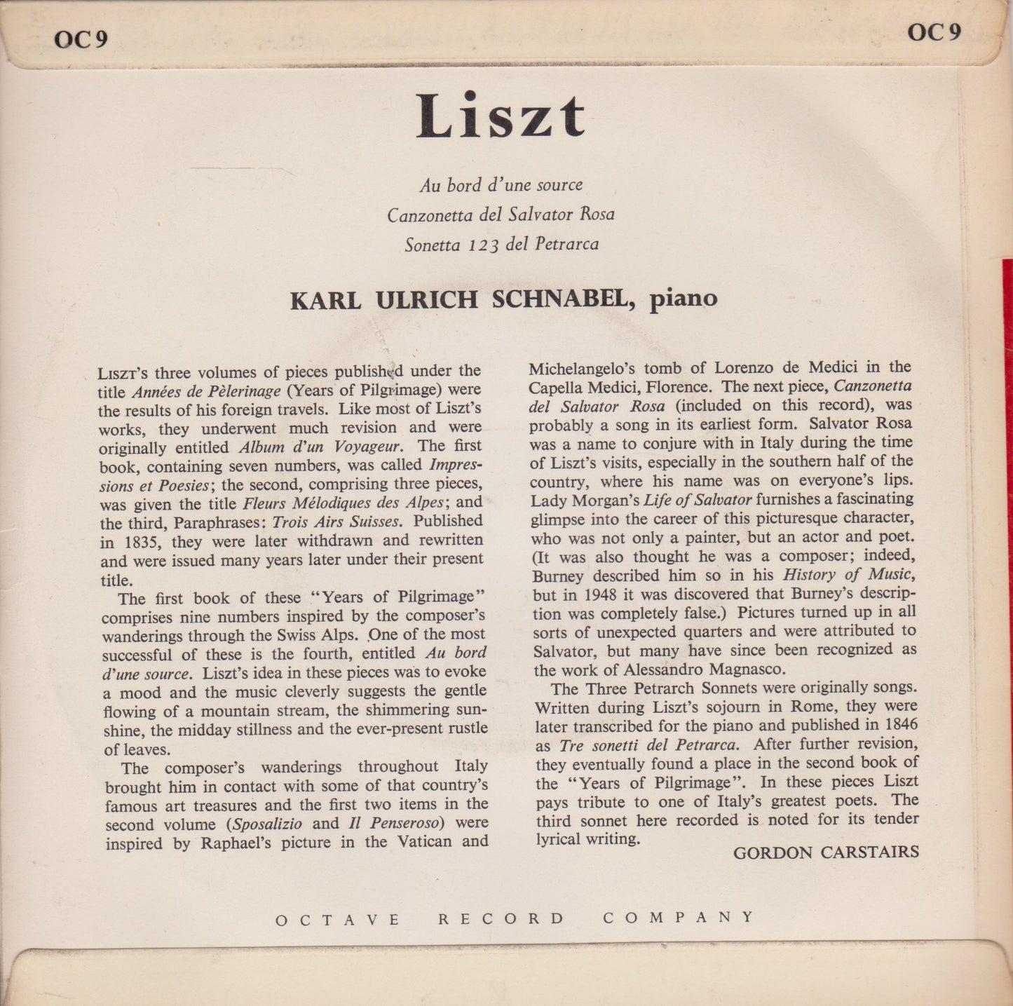 Schnabel, Liszt – Au Bord D'Une Source (1962) 7" vinyl P/S EP G+/VG