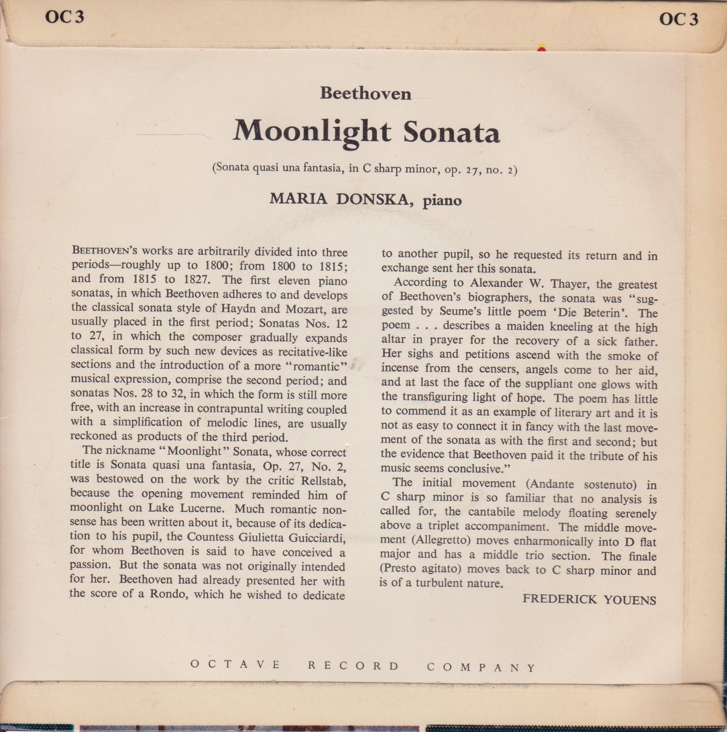 Beethoven / Maria Donska – Moonlight Sonata (ARC 1962) 7" vinyl P/S EP VG/VG