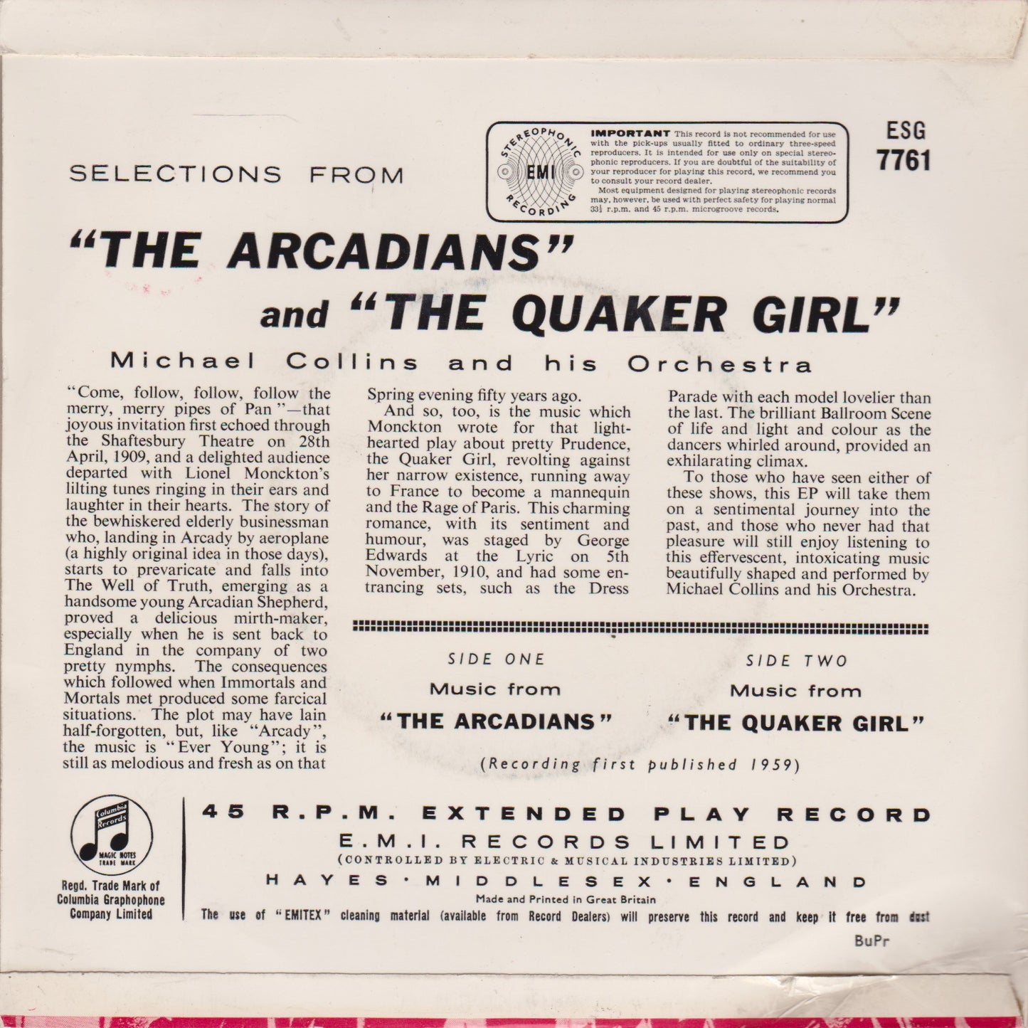 Michael Collins And His Orchestra – Selections From "The Arcadians" And "The Quaker Girl" 7" EP VG/VG