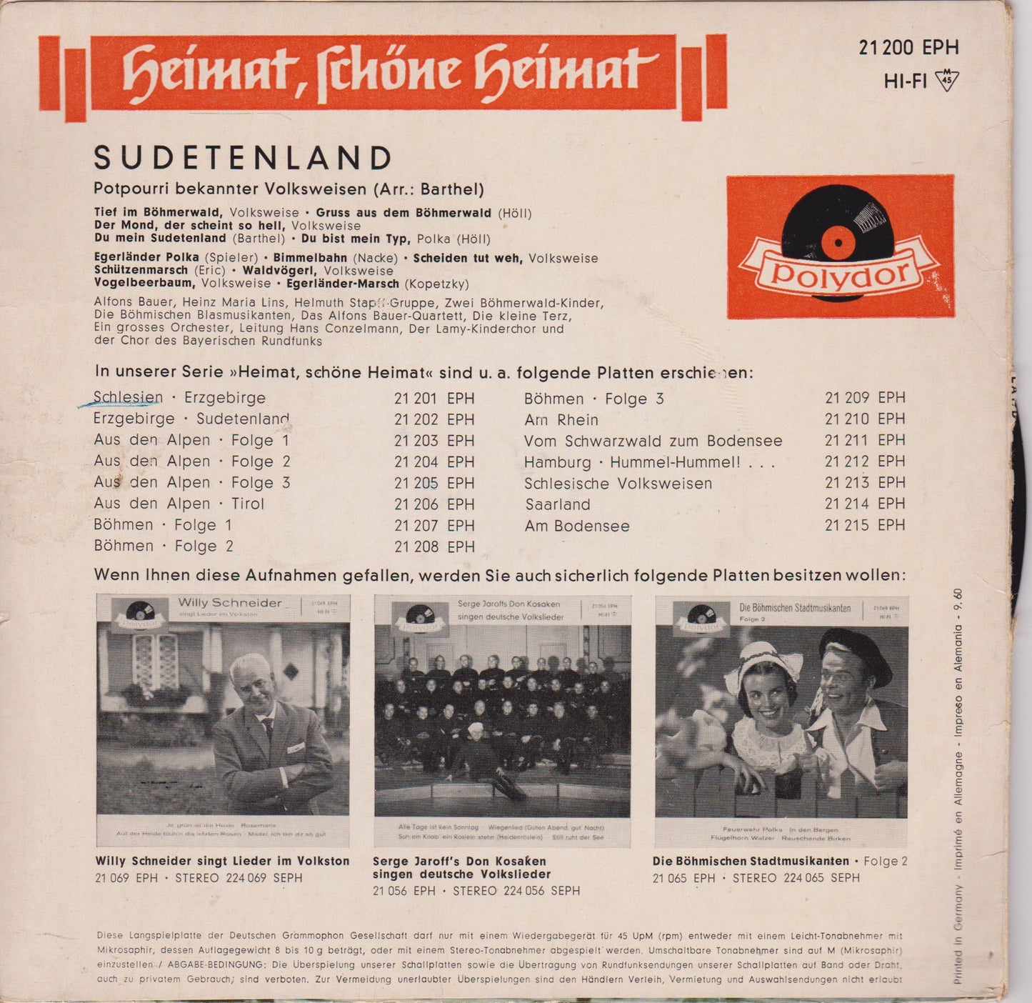 Various – Sudetenland - Potpourri Bekannter Volksweisen 7" vinyl EP VG/VG German import