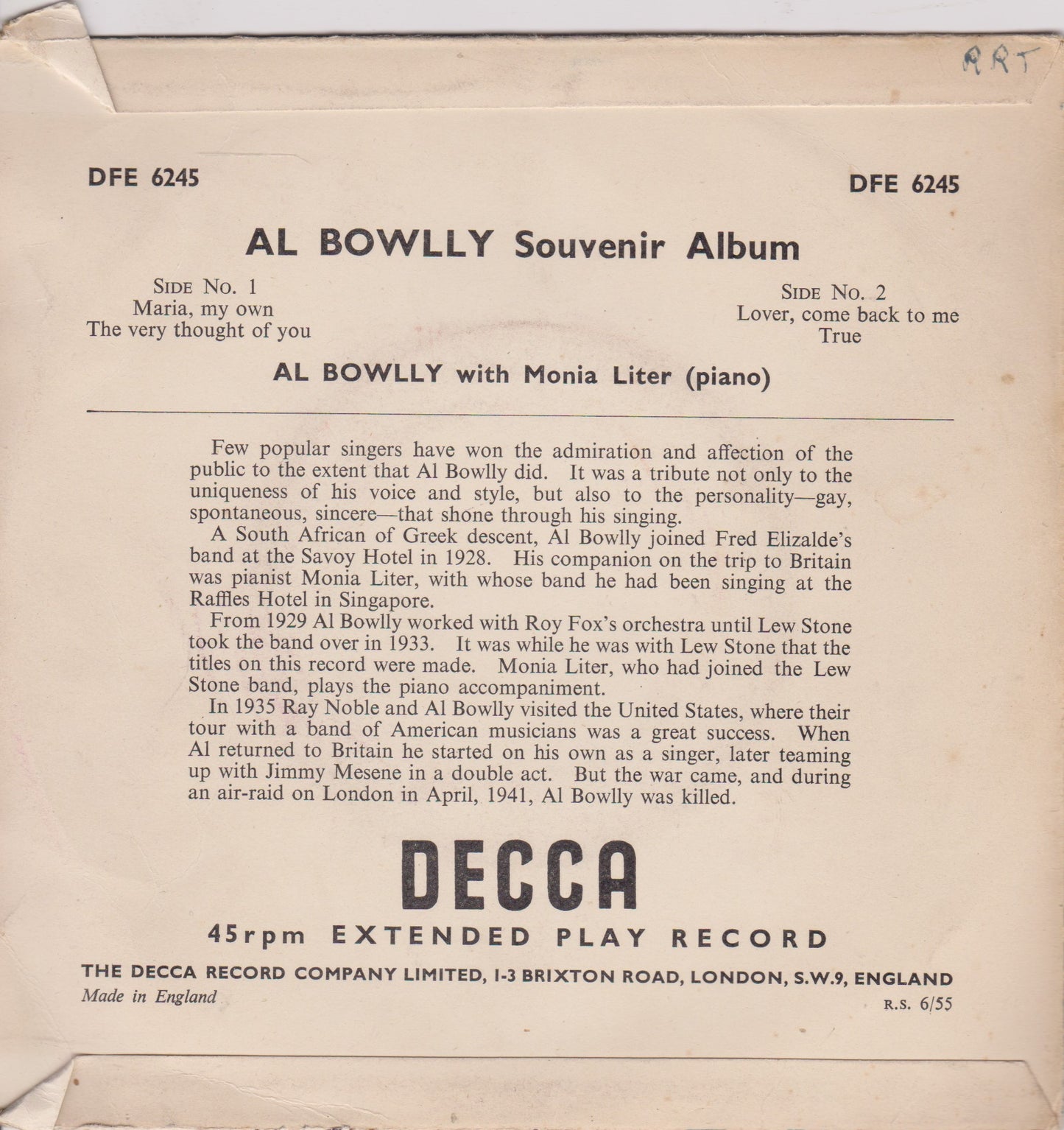 Al Bowlly With Monia Liter – Souvenir Album (1955) 7" vinyl P/S single VG/VG