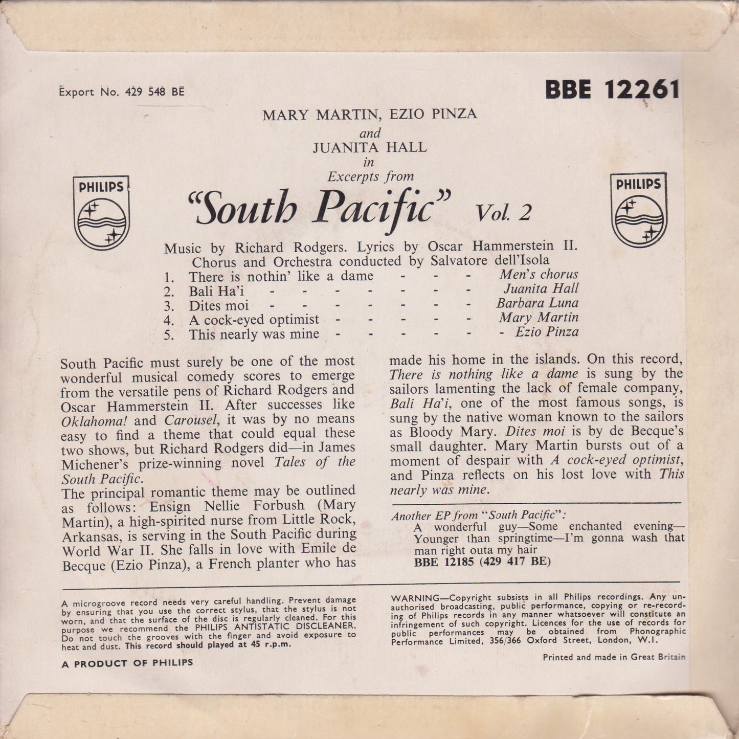 Various – Hits From "South Pacific" - Vol. 2 (Philips) 7" vinyl P/S EP VG/VG