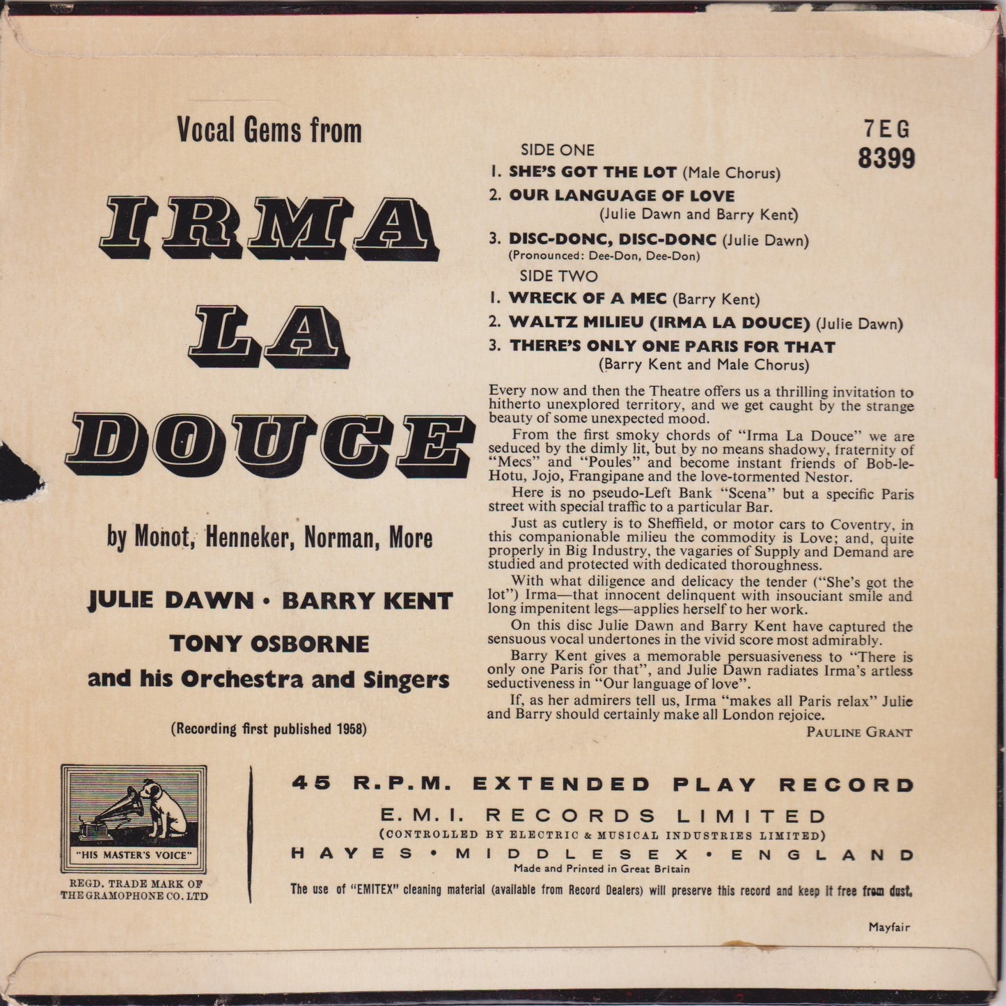 Julie Dawn, Barry Kent, Tony Osborne - Vocal Gems From Irma La Douce 7" EP VG/VG