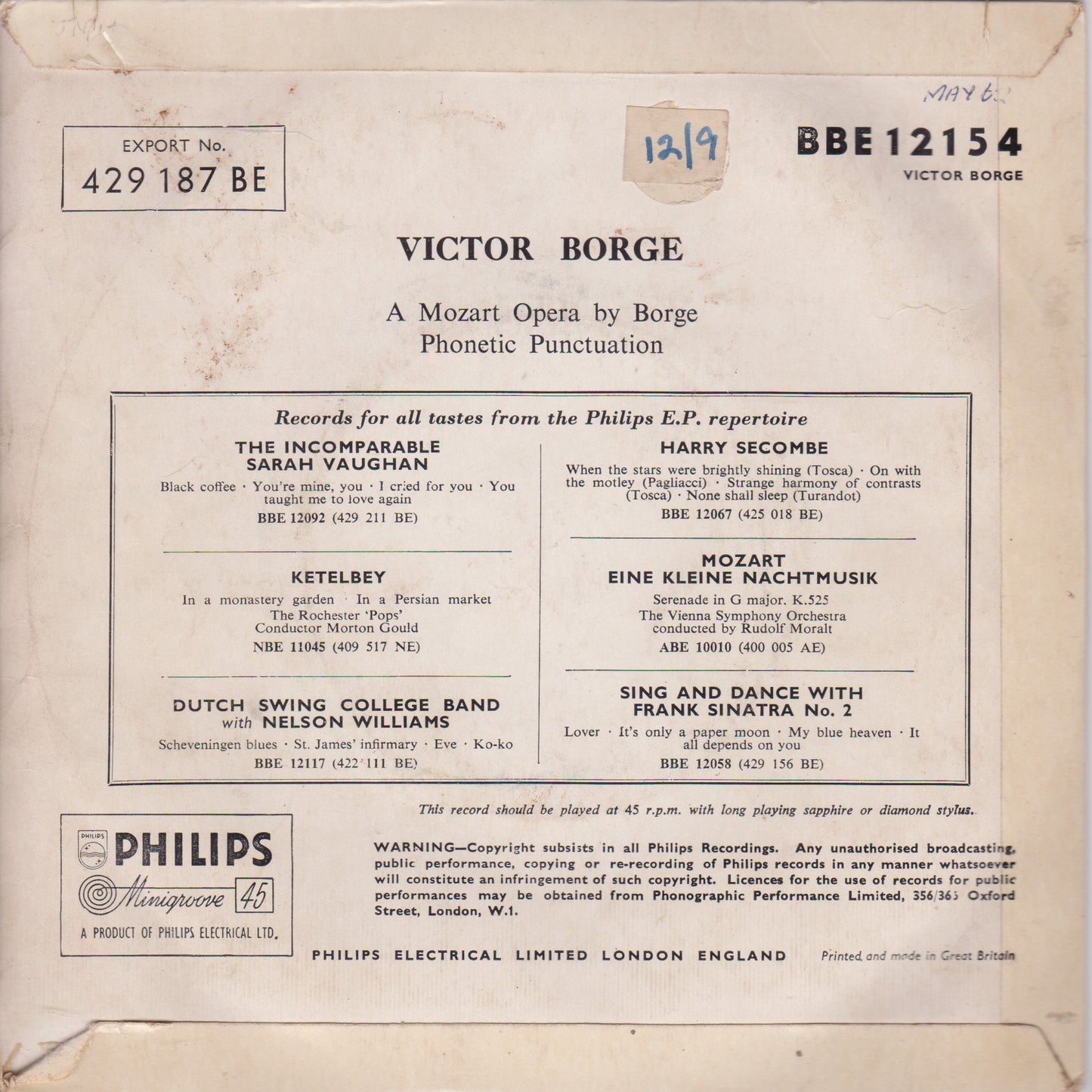 Victor Borge - Phonetic Punctuation / A Mozart Opera 7" vinyl P/S EP VG/G+