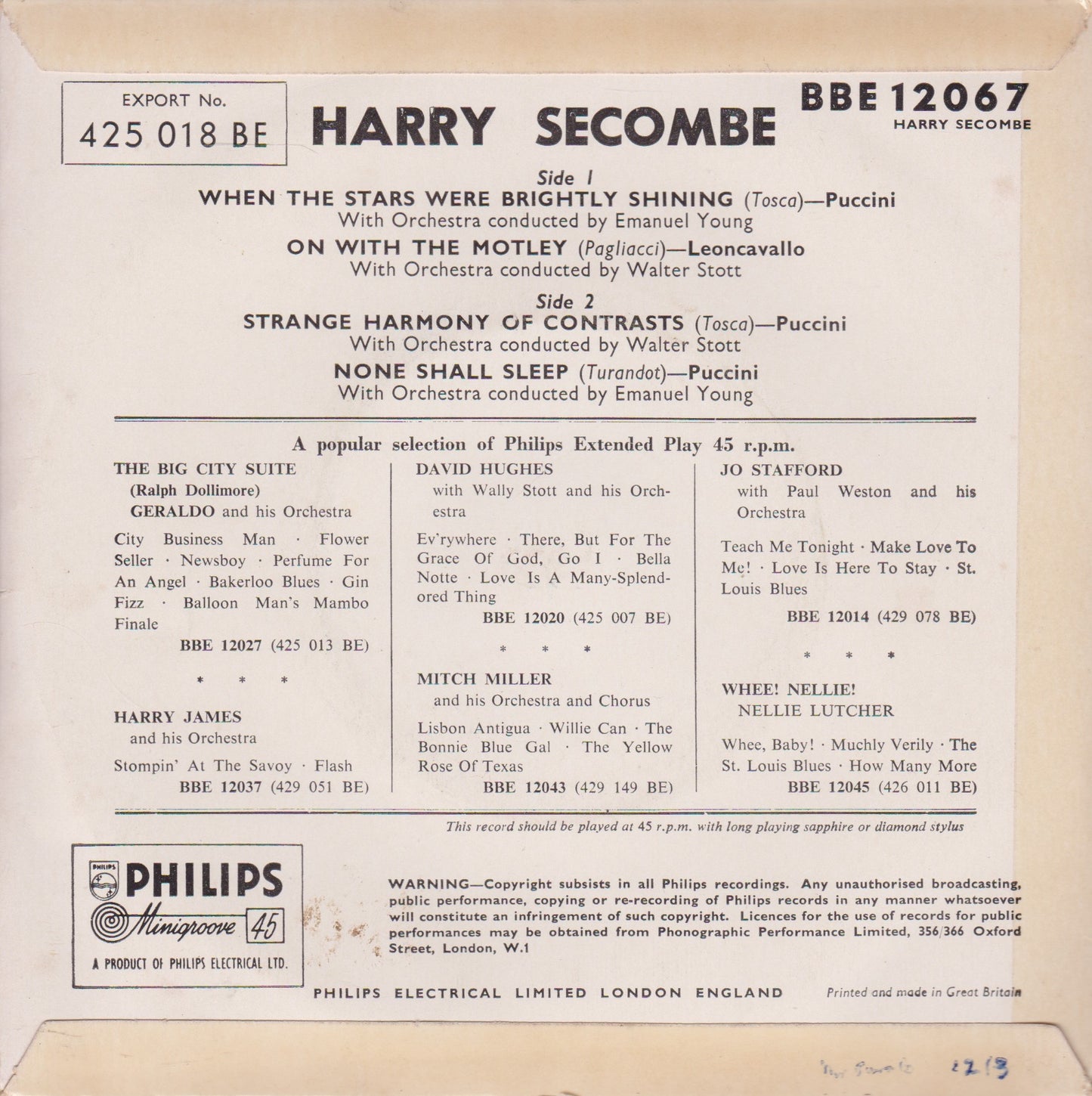 Harry Secombe – When The Stars Were Brightly Shining 7" vinyl P/S EP VG/VG