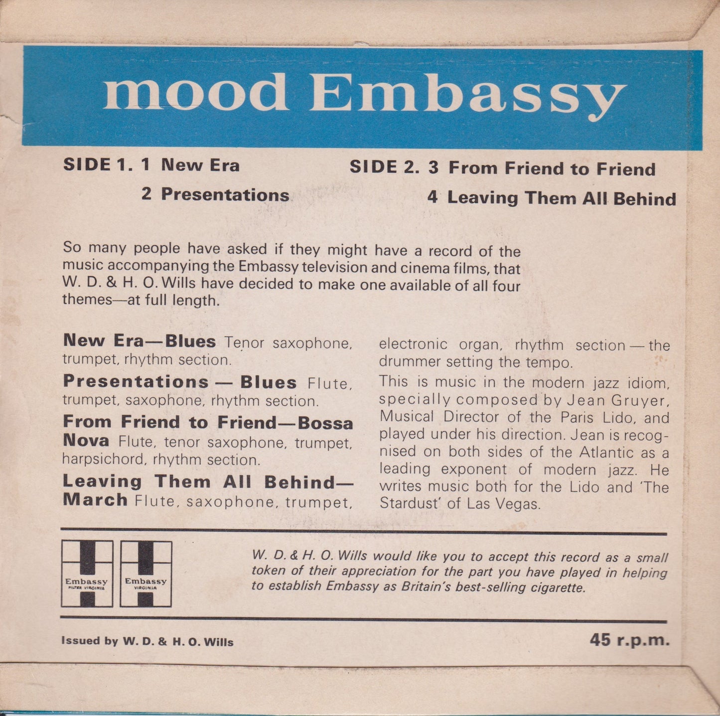 Jean Gruyer – Mood Embassy (Embassy 1965) 7" vinyl P/S EP VG/VG