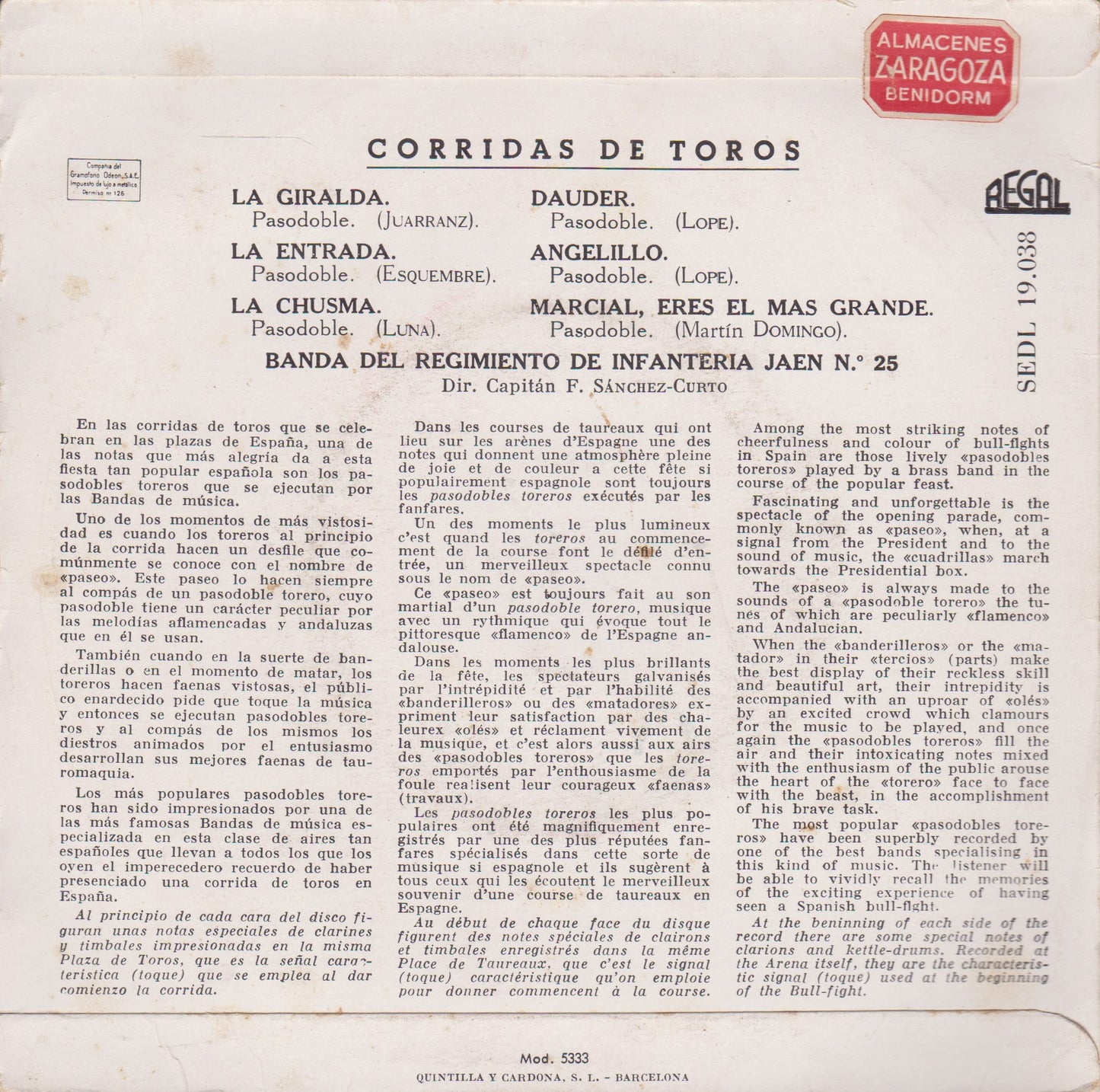 Banda Del Regimiento De Infantería Jaén N.º 25 – Corridas De Toros 7" vinyl EP VG/VG Spain