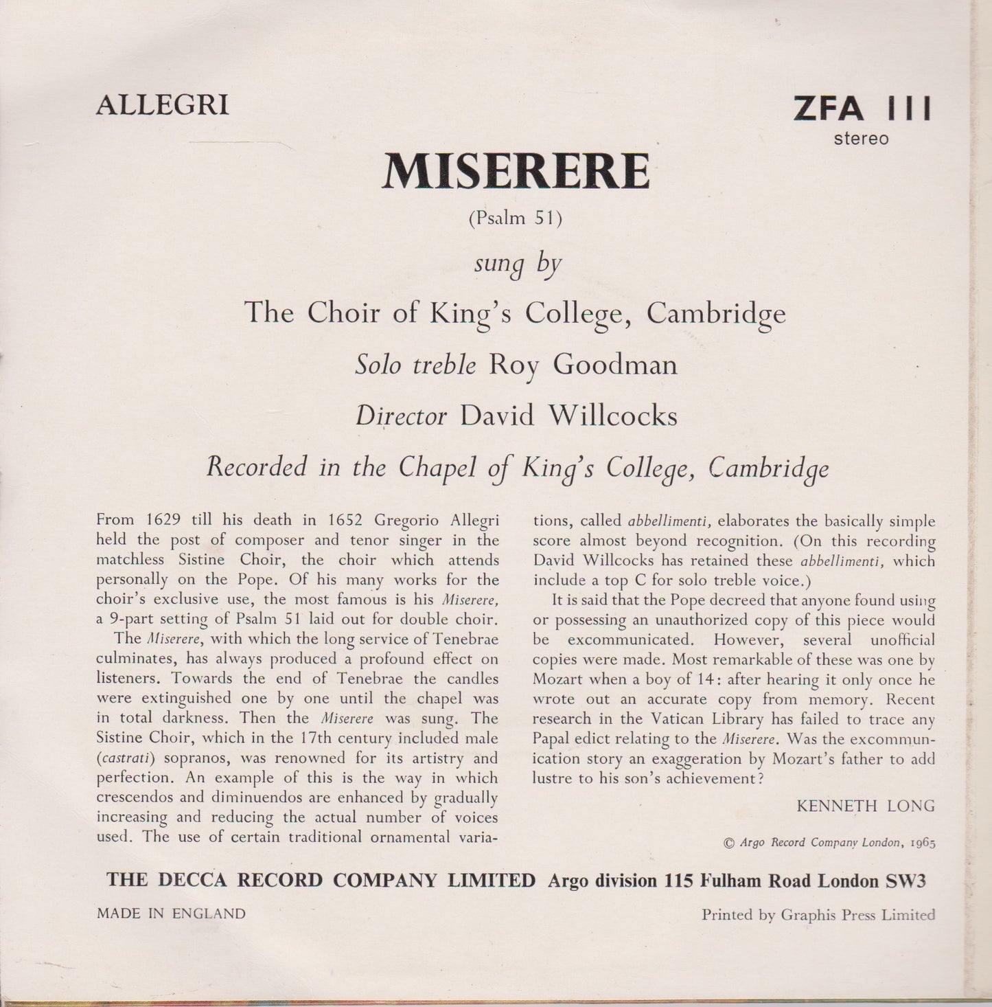 Allegri, The Choir Of King's College Cambridge – Miserere (Argo 1964) 7" vinyl P/S EP VG/VG
