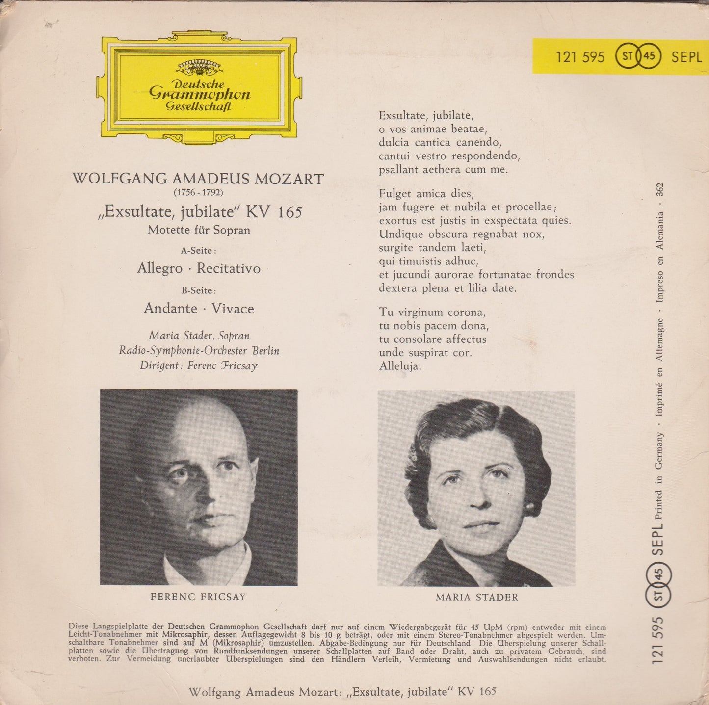 Mozart – Maria Stader, Ferenc Fricsay – Exsultate, Jubilate 7" vinyl P/S EP VG/VG German