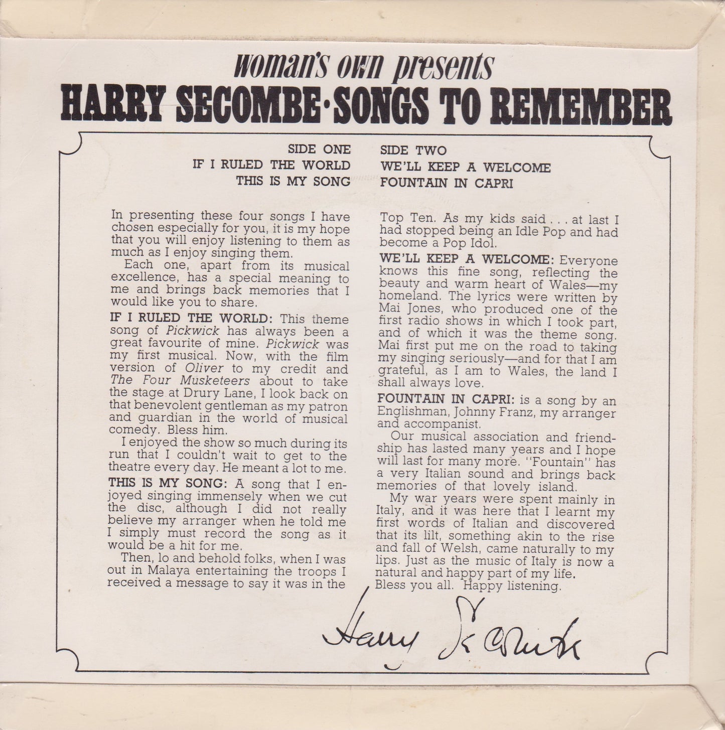 Harry Secombe – Songs To Remember (Woman's Own) 7" vinyl P/S EP VG/VG